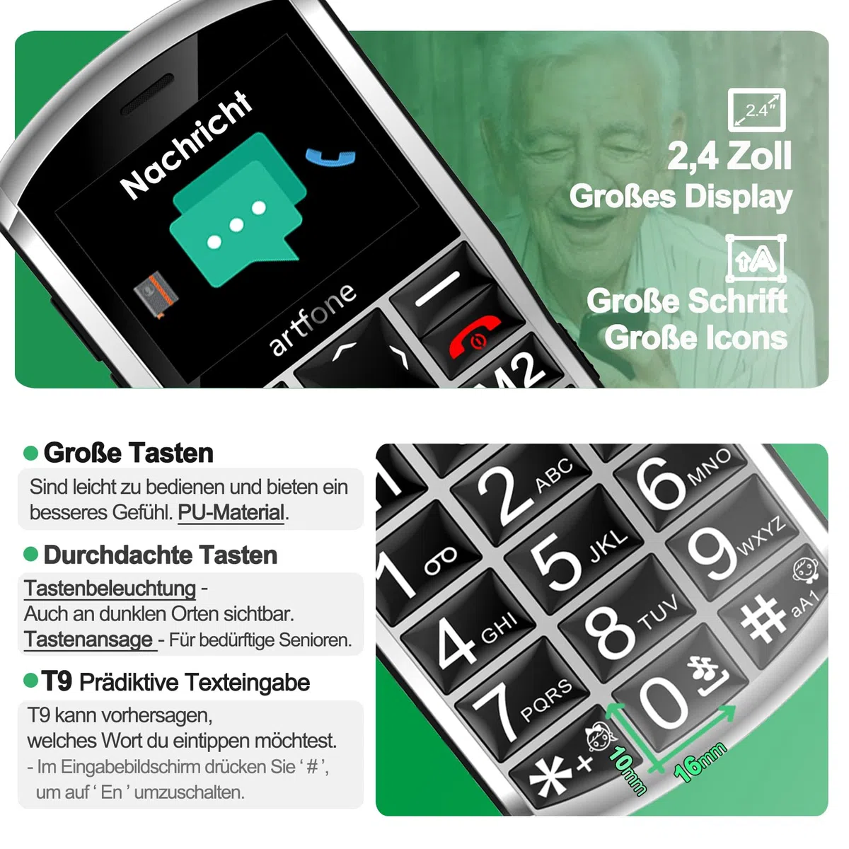 artfone A400 4G Volte Seniorenhandy ohne Vertrag | Großtasten Handy mit Notruftaste&1800mAh Akku,Dual-SIM Tastenhandy mit Tischladestation | Einfaches Mobiltelefon für Senioren, 2,4" Display | Silber