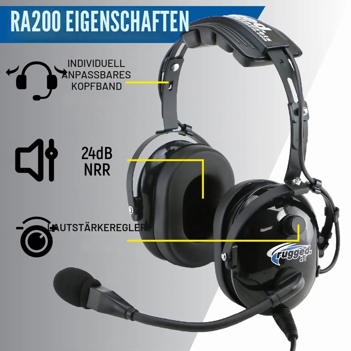 Rugged. Air RA200 General Aviation Headset für Studentenpiloten, mit passiver Geräuschreduzierung, verstellbarem Kopfbügel, Vollflex-Mikrofonarm und Headset-Tasche