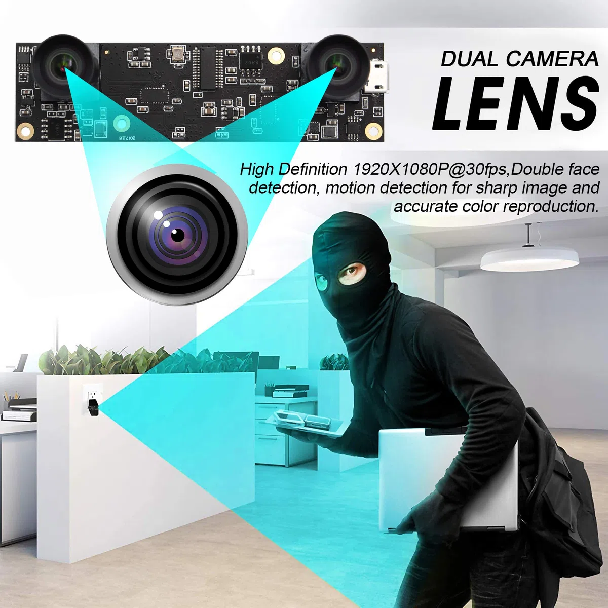 G Doppelobjektiv USB Kameramodul 1080p 30fps Webcam Board Modul,2MP Dual Objektiv USB mit Kamera,2Megapixel FHD 1/3" AR0330 Webkamera 100Grad Web Cam Windows Android Mac Linux Raspberry Pi Web Kamera