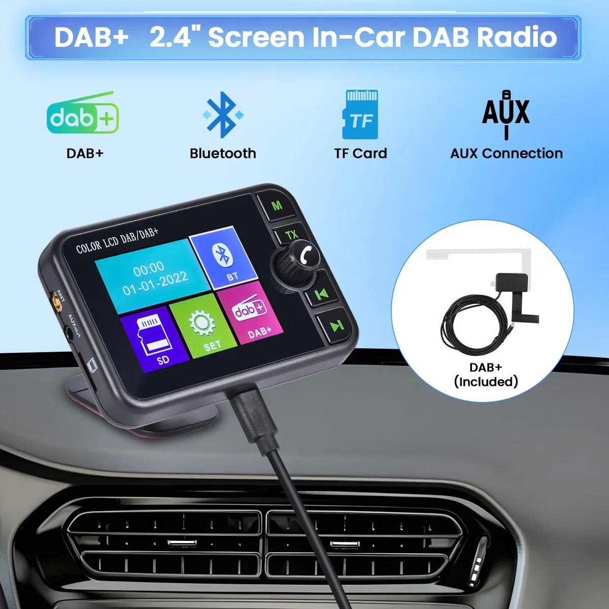 Inefala DAB+ DAB Adapter für Autoradio, 2,4 Zoll bunter LCD-Bildschirm mit Bluetooth-Freisprecheinrichtung, Dab-Sender, FM-Sender, AUX-Eingang-Ausgang, TF-Karten-Musikwiedergabe, Autoladegerät