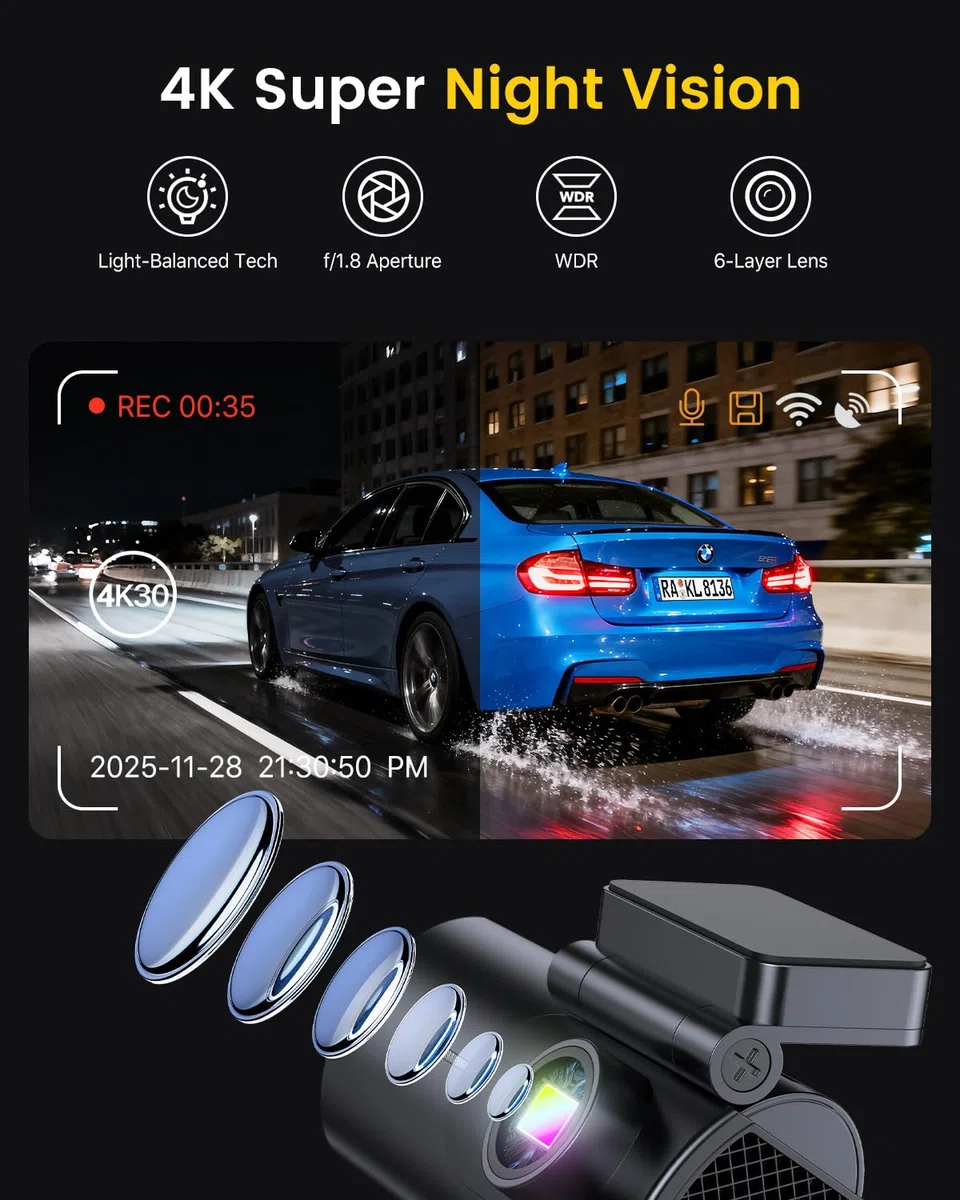 GKU 4K Dashcam Auto Vorne Hinten, 5GHz WiFi Dashcam mit 64GB SD Karte, Auto Kamera mit Parküberwachung, Super Nachtsicht, WDR, 170° Weitwinkel, G-Sensor, Loop-Aufnahme, APP Steuerung, Max 256GB