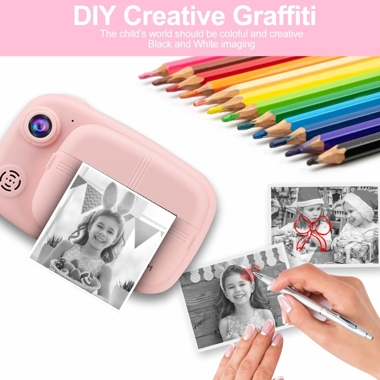 GlobalCrown Sofortbildkamera Kinder,Digitalkamera kinderkamera sofortbildkamera fotoapparat Kinder Kamera Geschenke für 3-12 Jahre Jungen Mädchen (einschließlich 4 Rollen Druckpapier und 32GB Karte)