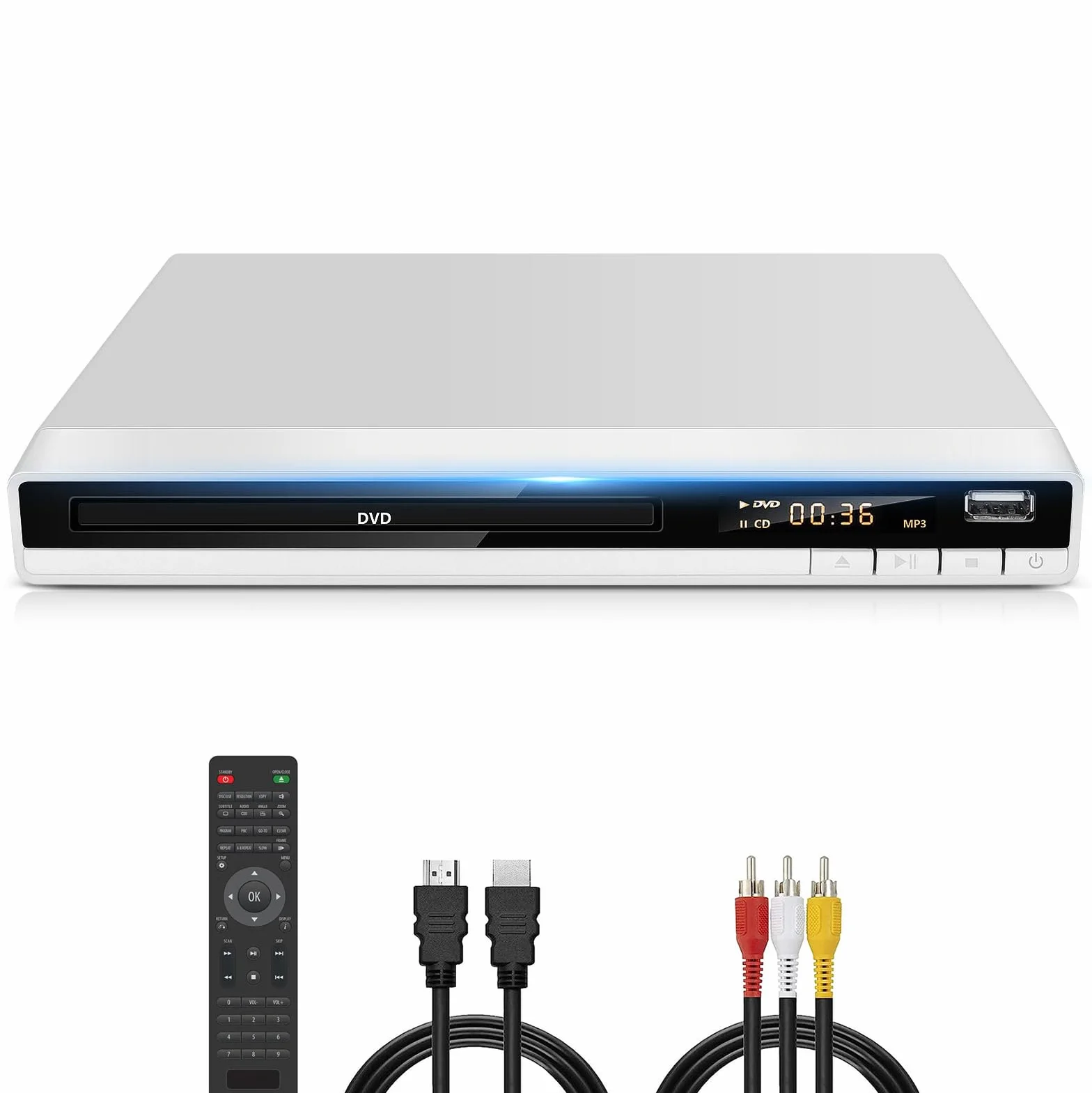 DVD Player Weiß, Regionsfrei DVD Spieler für Fernseher mit HDMI AV Ausgang Kabel Enthalten, DVD-CD-Player mit USB Eingang, Fehler Korrektur, Integriertes PAL NTSC-System (DVD-168, Kein Blu-ray)