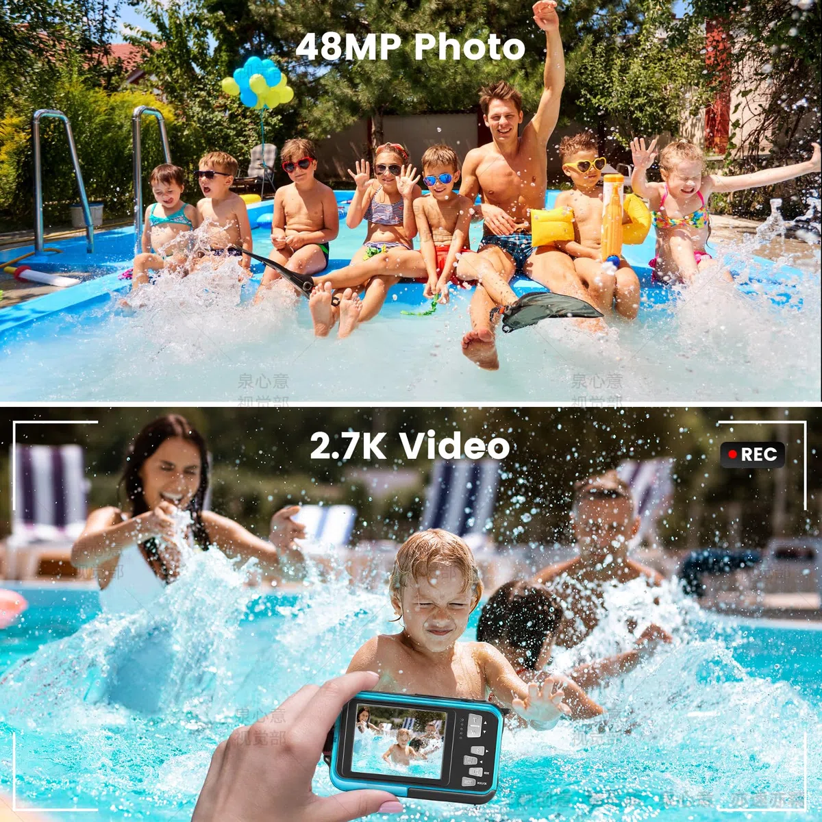 wasserdichte Digitalkamera, 2.7K HD 48MP Unterwasserkamera mit Dualem Display 3M Tauchkamera für Schwimmen, Anti-Shake 16X Digitaler Zoom, Blau