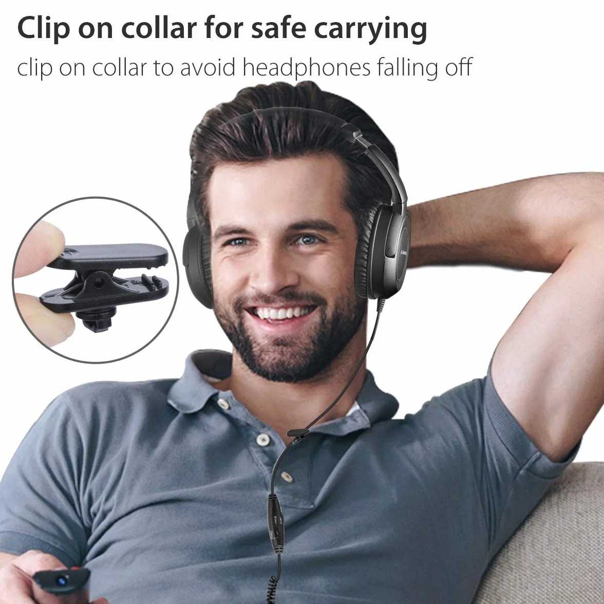 Avantree HF039 Over Ear TV Kopfhörer mit Langes Kabel (16.4 Fuß / 5M), HiFi Stereo Headset für Fernseher, mit Ohrmuscheln, 3.5mm Audio Output, mit Spiralenkabel und eingebauter Lautstärkeregelung