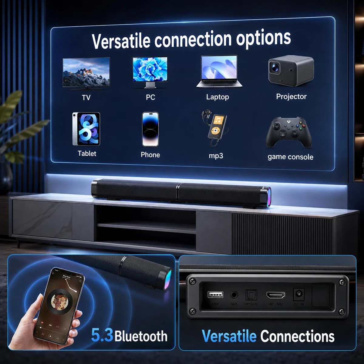 Teilbare 2-in-1 Soundbar (2.2 Kanäle, 240 W) mit RGB-Licht & Bluetooth 5.3, 3 EQ-Modi & regelbarem Bass, TV-Lautsprecher für Fernseher/Gaming/PC/Beamer – inkl. ARC, Optisch, Aux, USB