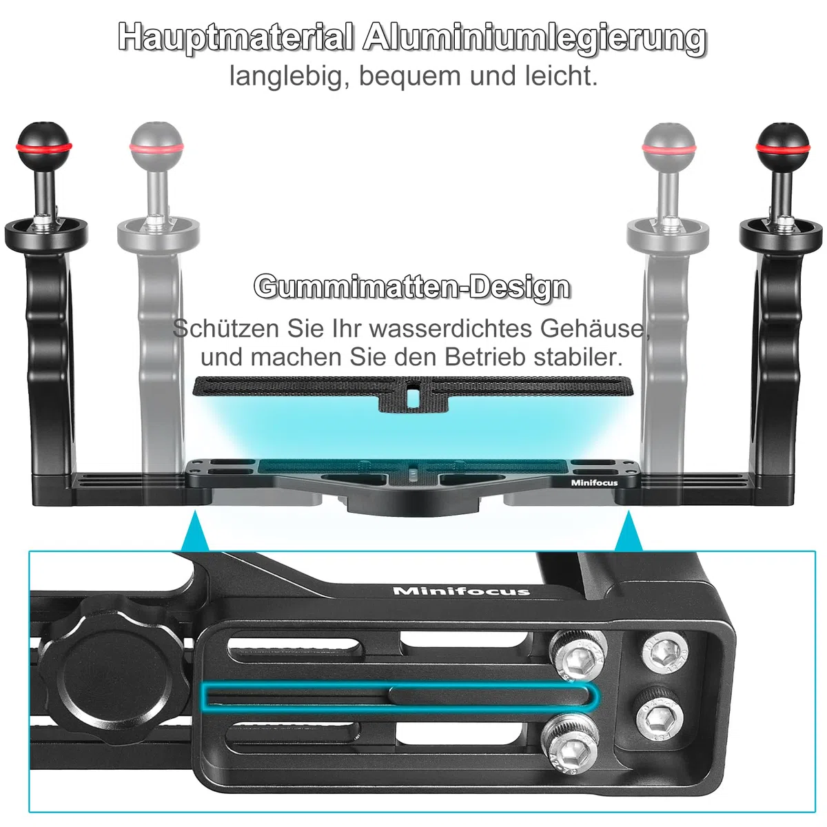 Unterwasser-Kamera Handle Tray Bracket, Dual Handle ausziehbare Aluminiumlegierung Video-Stabilisator-Halter mit 2 1-Zoll-Kugelklemme Mount für Unterwasser-Kamera tauchen Gehäuse