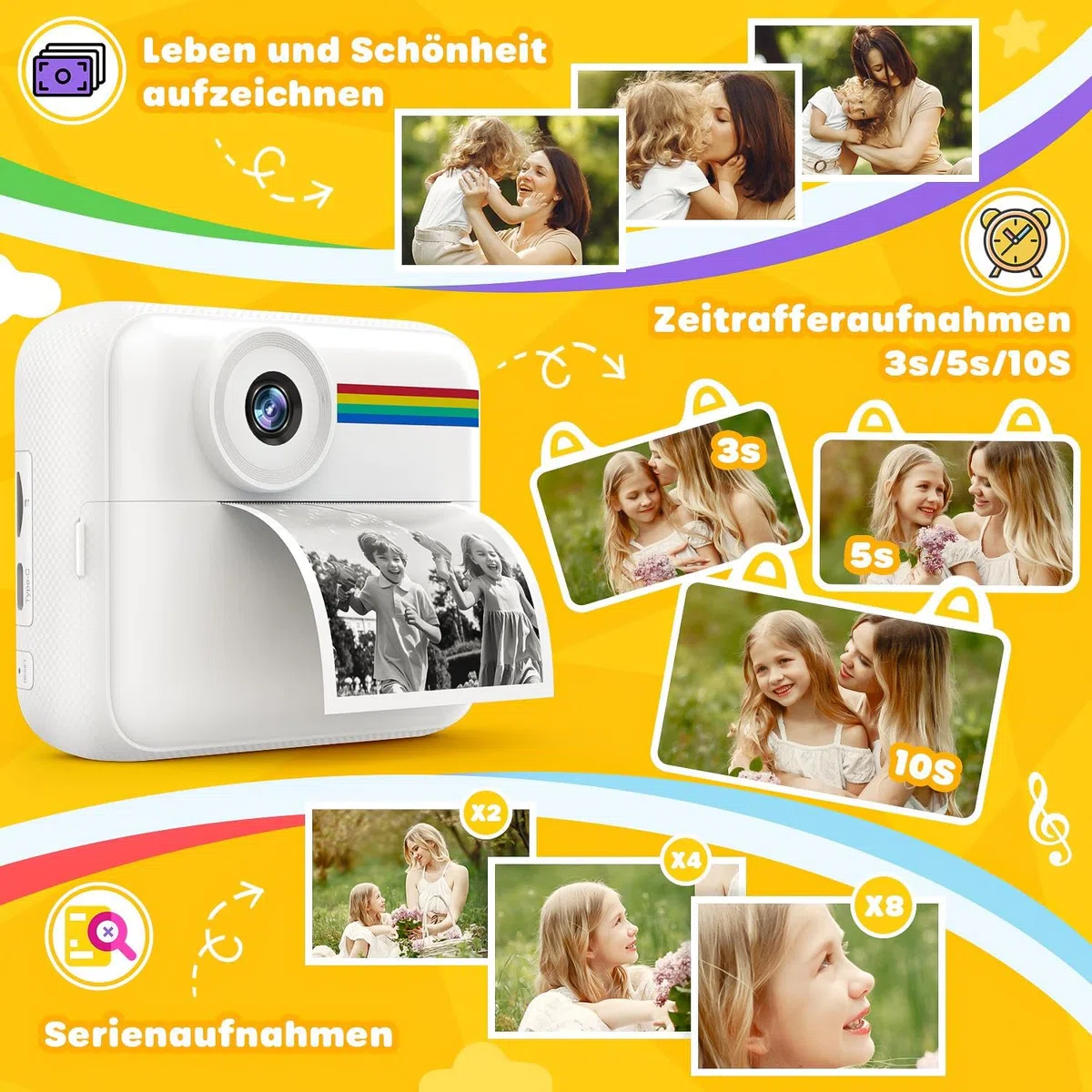 Kinderkamera 48MP mit 2.4 Zoll HD Bildschirm 1080P Video Sofortdruck 32GB Speicherkarte