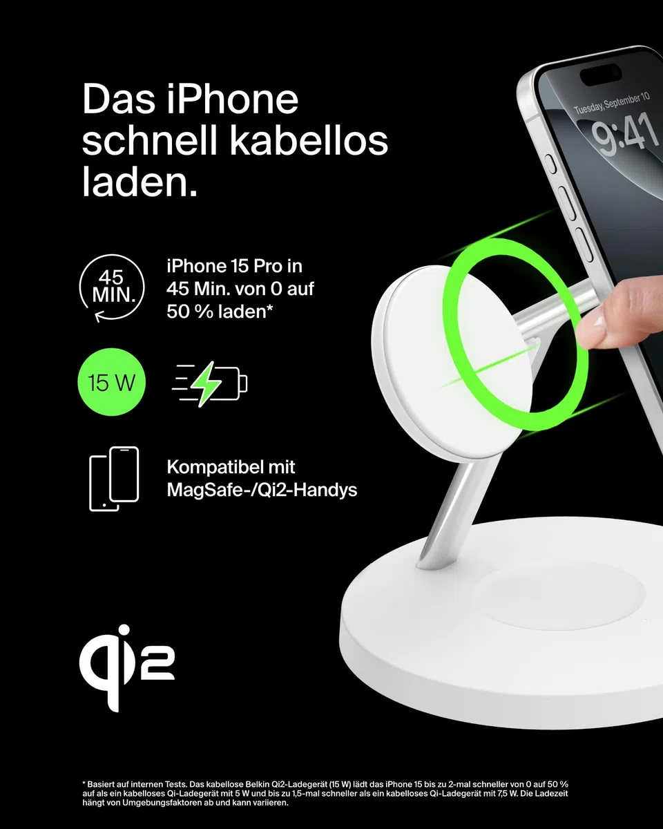 Belkin BoostCharge Pro 3-in-1 Qi2 Kabelloses Ladegerät, MagSafe-Kompatibles Ladegerät, Induktive Ladestation für die Apple iPhone 17, Air, 16, Pixelsnap, Apple Watch, AirPods, inkl. Netzteil – Weiß