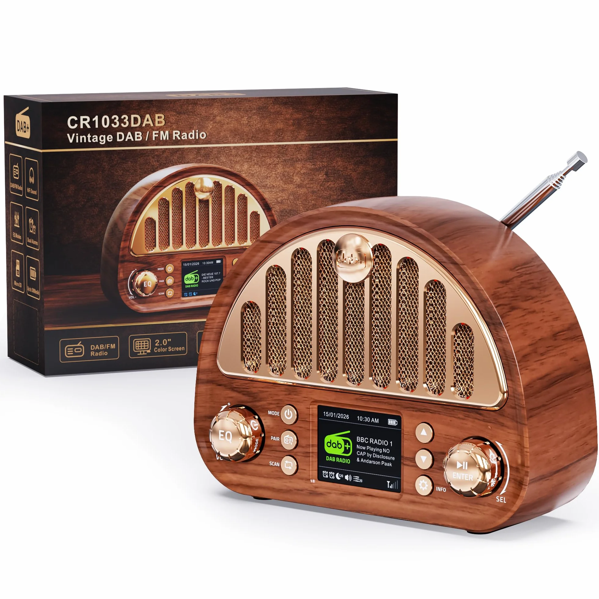 ROCAM DAB+/UKW Radio, Retro Radio mit Bluetooth 5.0 | 8W Full Sound Lautsprecher, 3000mAh Akku, 2" Farbdisplay, RDS, AUX IN/MicroSD-Karten, EQ Modes, Dual-Wecker, Schlaf-Timer