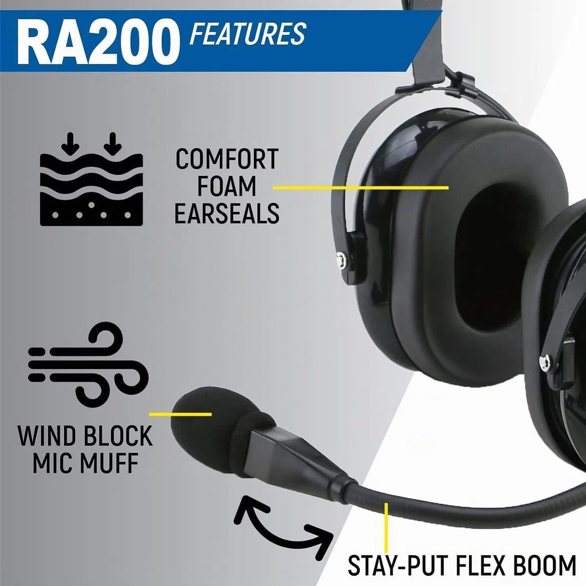 Rugged. Air RA200 General Aviation Headset für Studentenpiloten, mit passiver Geräuschreduzierung, verstellbarem Kopfbügel, Vollflex-Mikrofonarm und Headset-Tasche