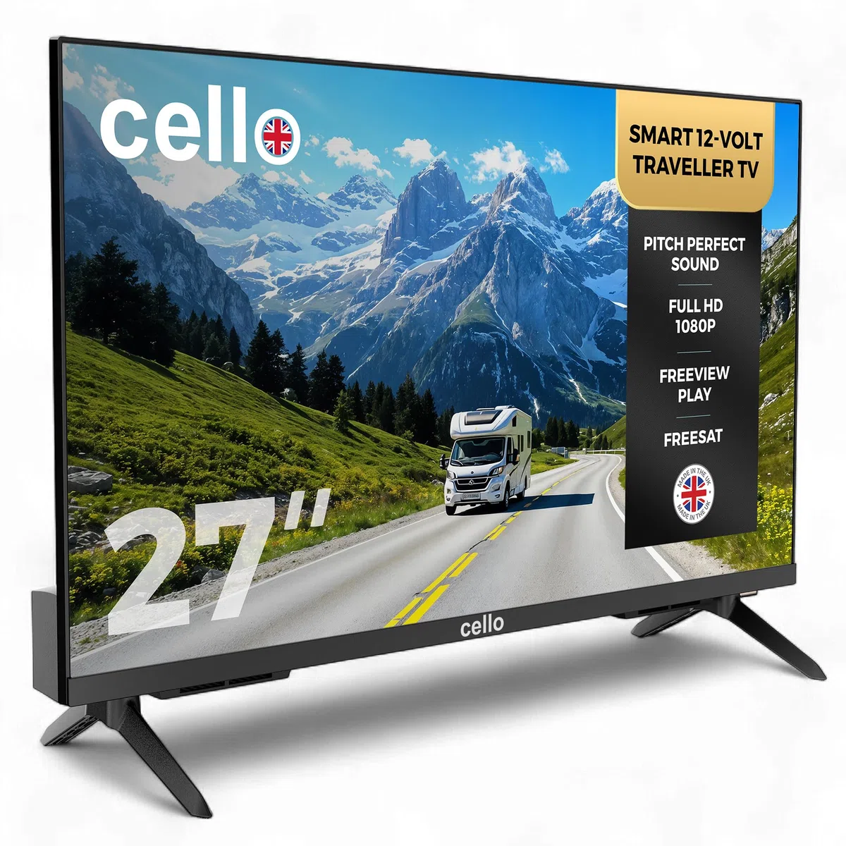 Cello C2725WS Trav 27 Zoll 12V Smart Traveller TV, 230V, WebOS, Freeview Play, Perfect Pitch Sound, ideal für Wohnwagen und Wohnmobile, hergestellt in Großbritannien