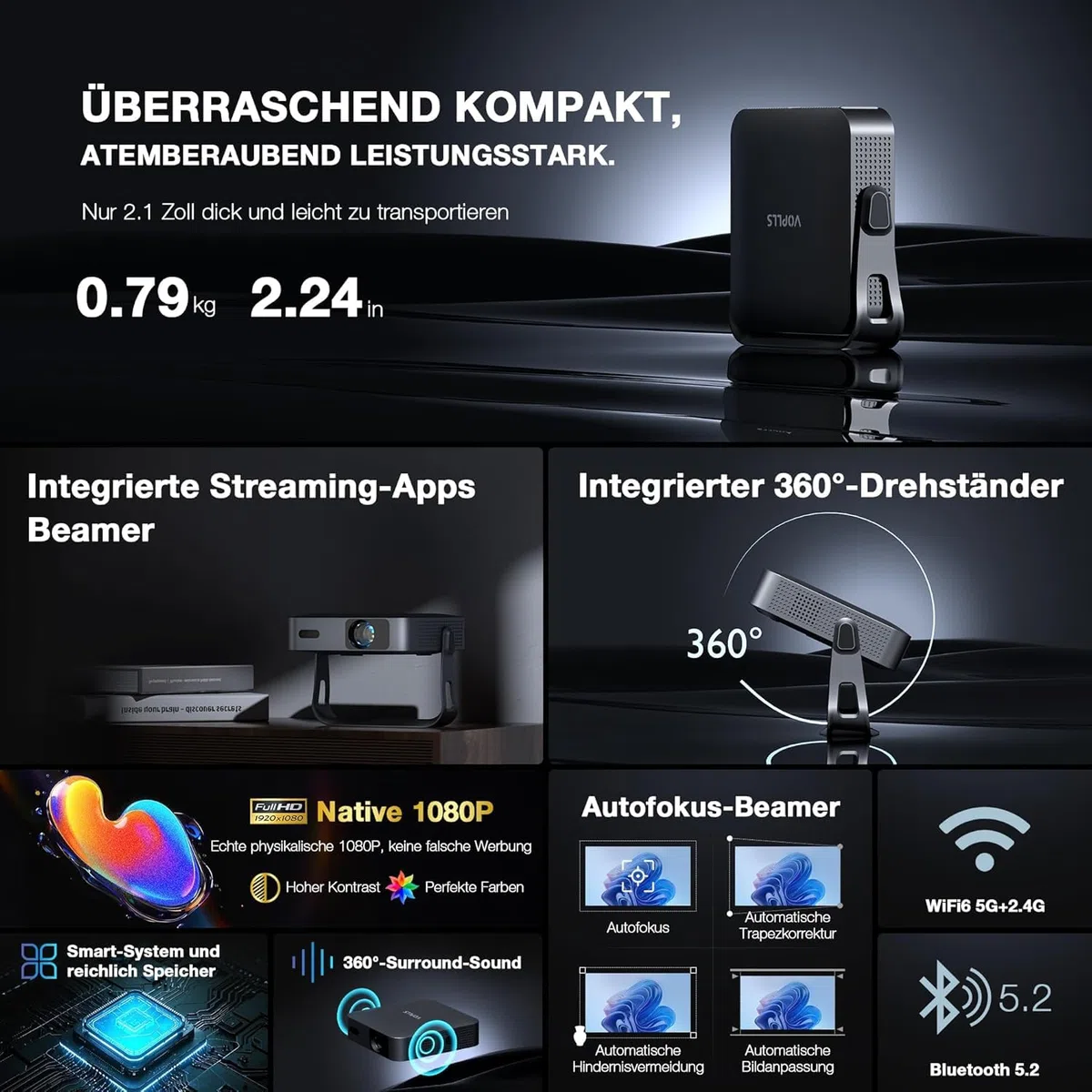 VOPLLS Mini Projektor Full HD 1080P WiFi6 Bluetooth 4K Heimkino Autofokus Trapezkorrektur 800ANSI