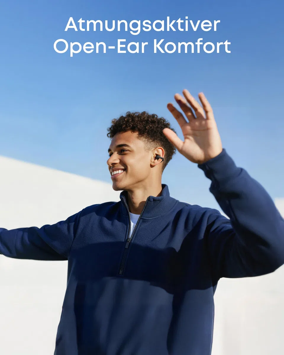 soundcore C50i by Anker, Open-Ear Kopfhörer, Clip-On Earbuds, Ultra-bequem, Open-Ring Design, 12mm Treiber für kraftvollen Bass, klare Anrufe mit KI, KI-Echtzeit-Übersetzung, fester Halt, Hi-Res, IP55