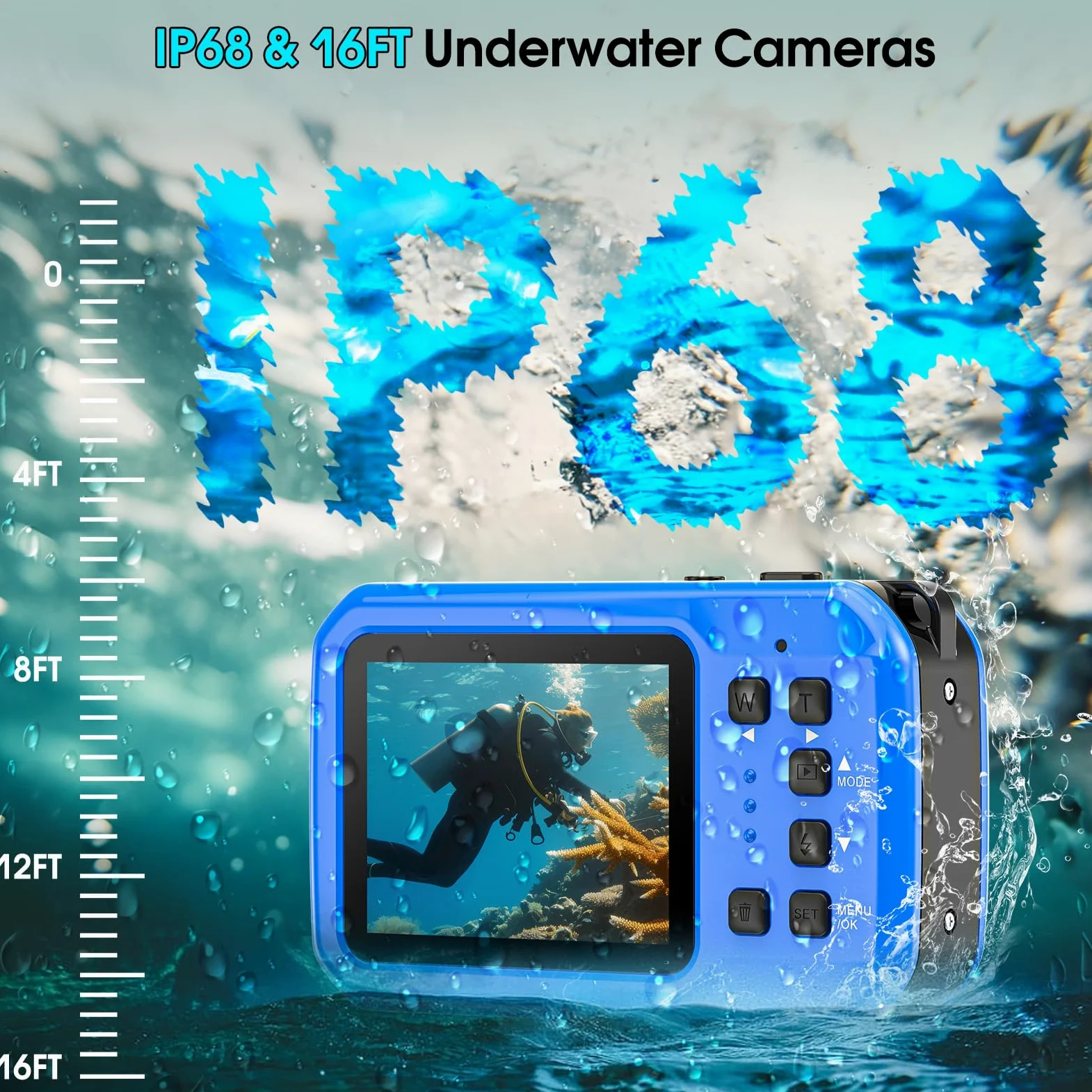 Unterwasserkamera, Yixinxin Digitalkamera wasserdichte 4K 64MP 16FT Autofokus wasserdichte Kamera zum Schnorcheln, IPS HD Bildschirm 16X Digitalzoom und 16GB Karte