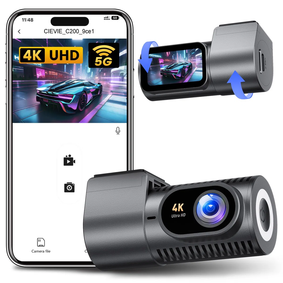 Dashcam Auto Vorne 4K, 1,5" IPS Display, 5G WiFi, 360° Drehbar, WDR Nachtsicht, 24/7 Parküberwachung, G-Sensor, 170° Weitwinkel