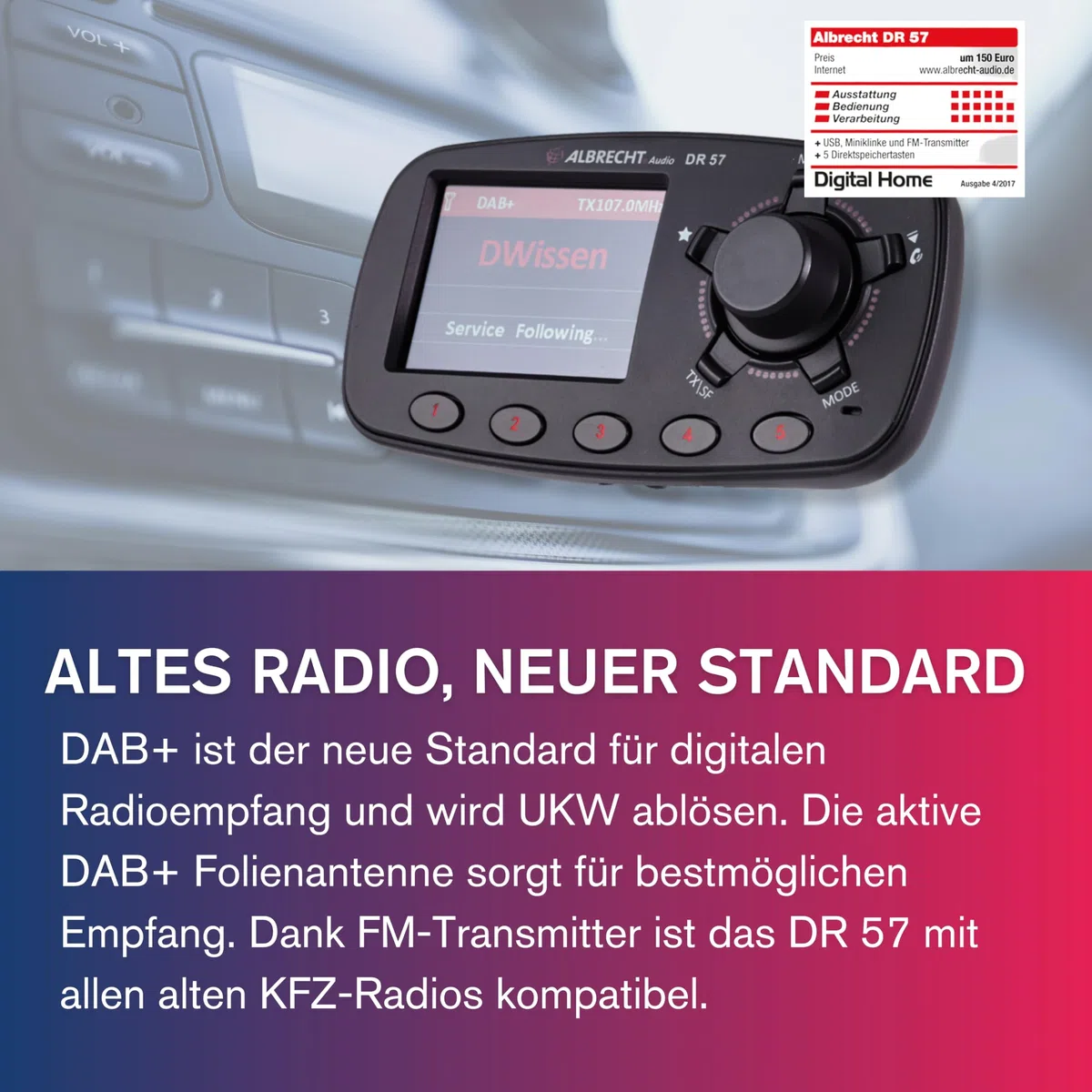Albrecht DR 57 Adapter zum Aufrüsten von Auto-Radios, 27257, FM-Transmitter für DAB+ Sender und Bluetooth-Verbindung vom Smartphone zum UKW-Radio, schwarz