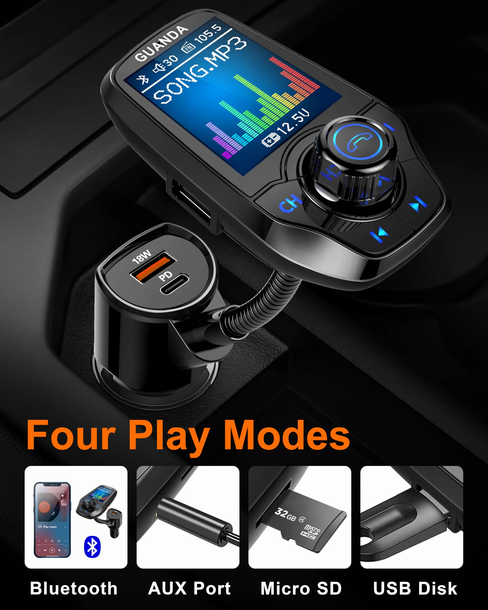 Bluetooth FM Transmitter Auto, Kabelloses Radio Auto Adapter mit 1,8'' Farbdisplay, Freisprechfunktion, AUX-Eingang/Ausgang, SD/TF-Karte, 3 Port USB PD 20W Ladegerät, 5 EQ Modi, 4-in-1 Car MP3 Player