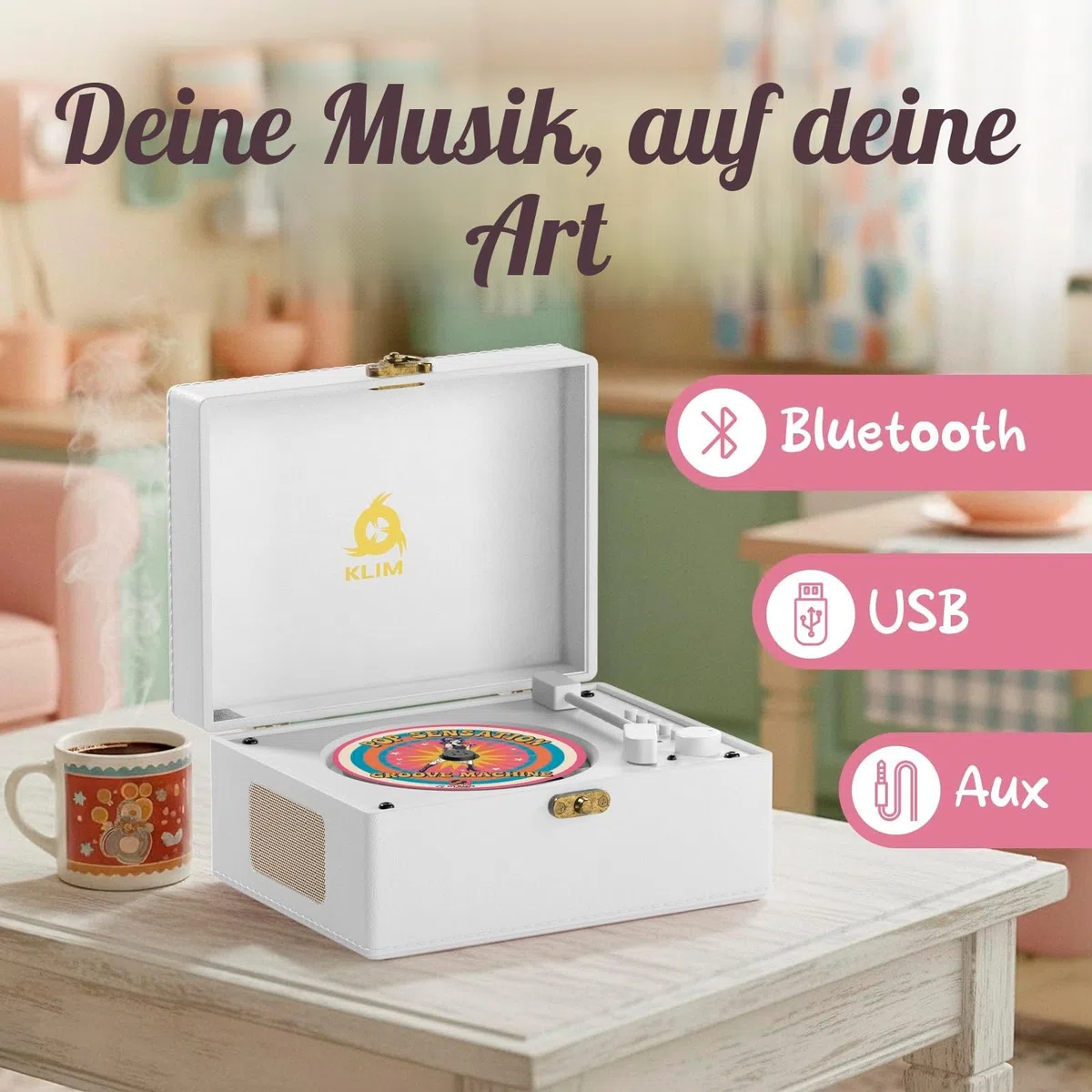 KLIM Retro CD Player – Tragbarer CD-Player mit Lautsprecher, Bluetooth-Empfänger, AUX, USB, Akku, Retro-Design, für Zuhause und Dekoration – Weiß