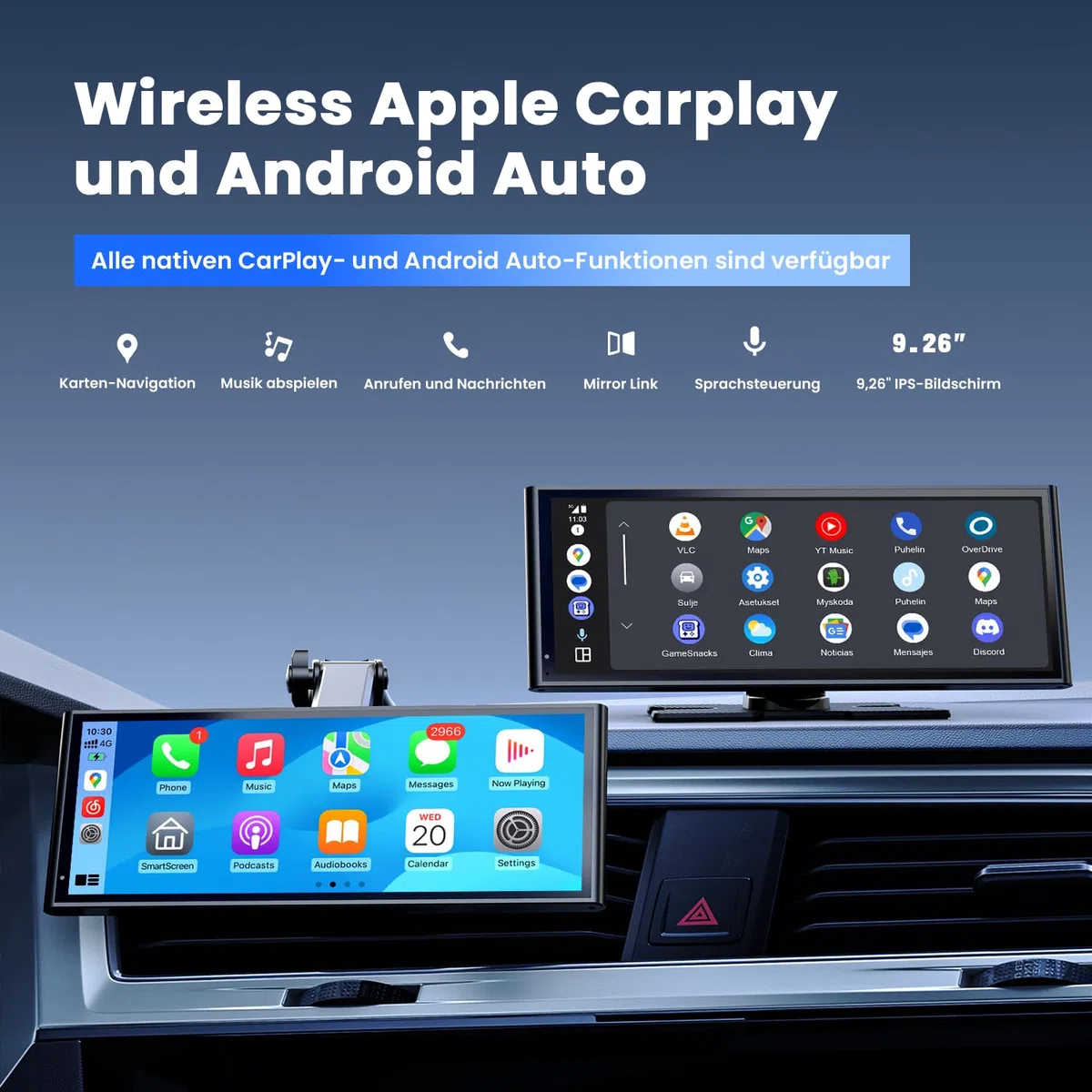 Drahtloses CarPlay Display 9,26" für Apple CarPlay & Android Auto, OTA-Updates, Rückfahrkamera, Bluetooth 5.0, GPS-Navigation