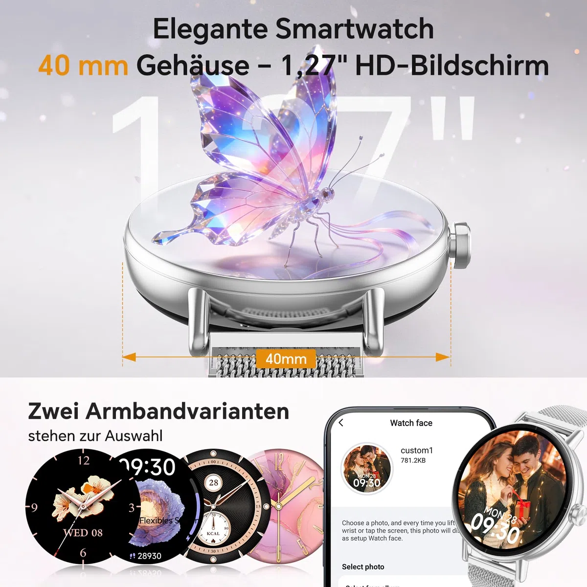 Smartwatch Damen Rund Metallarmband 1.27" Smart Watch mit Telefonfunktion Fitnessuhr SpO2 Herzfrequenz Stress Kalorien Schlaf Schrittzähler 100+ Sportmodi IP68 Wasserdicht für iOS Android