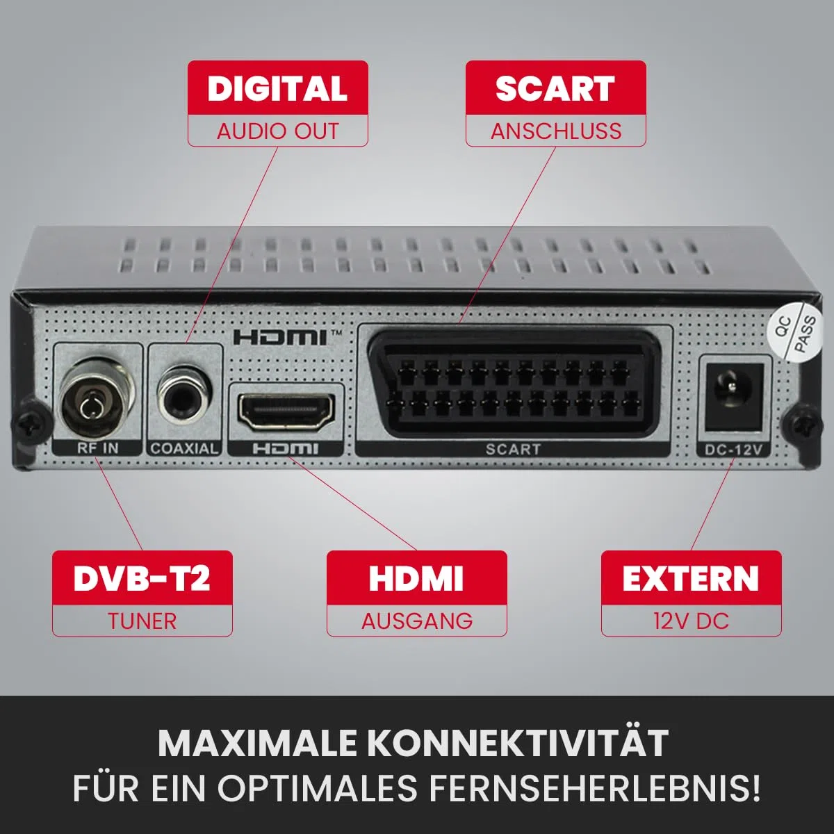 AXRED T90 HD DVB-T2 Receiver mit PVR Aufnahmefunktion, DVB-T & DVB-T2 Antennen, HDMI SCART USB