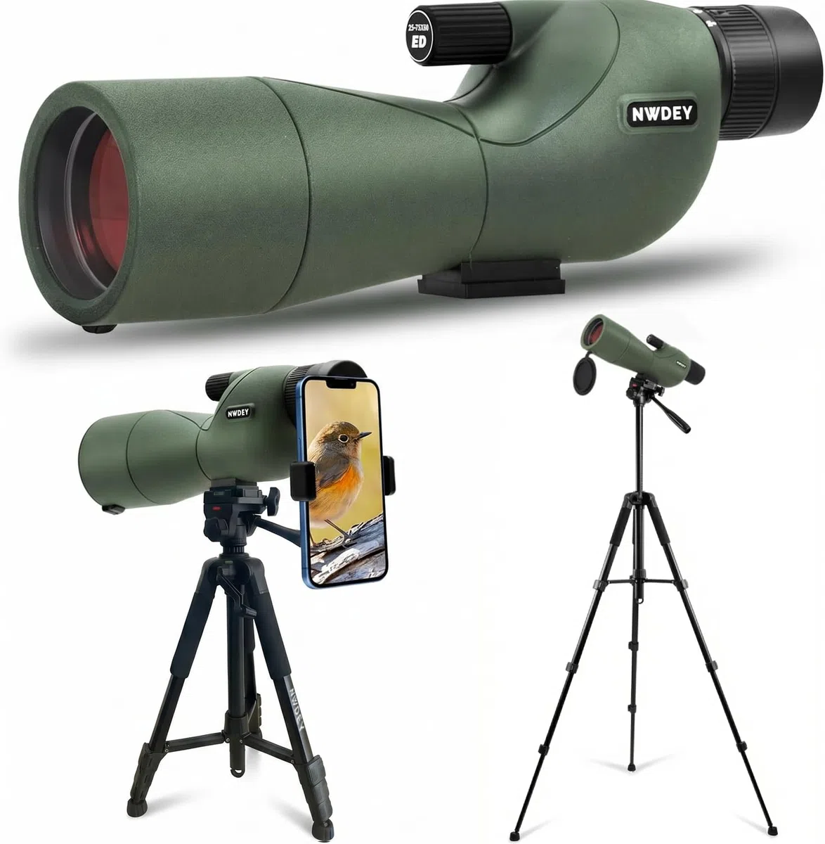 NWDEY 25-75X60 Spektiv mit 51 Zoll Stativ Spektiv für Zielschießen Jagd Vogelbeobachtung Low Light Vision Telefonadapter Tragetasche BAK4 Prisma FMC Objektiv Wasserdicht (ArmyGreen)