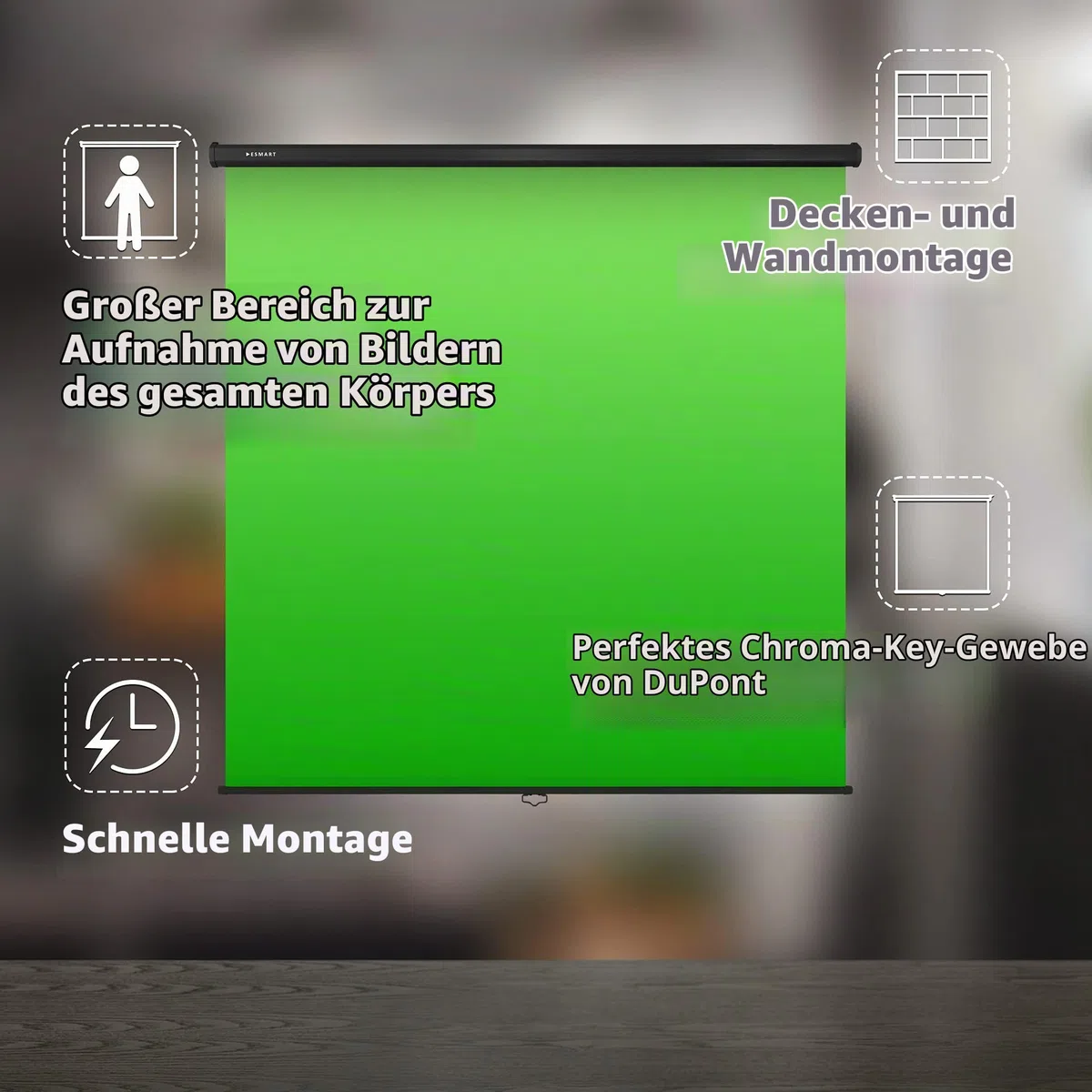ESMART Rollo Greenscreen (200 x 200 cm 1:1) Tuch: grün | Chroma-Key-Hintergrund, Platz sparendes Rollo-System, Wand- & Deckenmontage, ideal für Fotografie & Virtual Studio