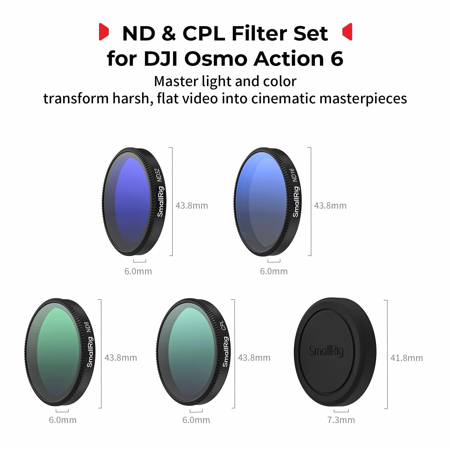 SMALLRIG ND-Filter-Set für DJI Osmo Action 6, 5er-Pack CPL, ND8, ND16, ND32 Aufsteck-Polarisationsfilter & Silikon-Objektivabdeckung, HD-Optikglas/Mehrfachvergütete Filter – 5895