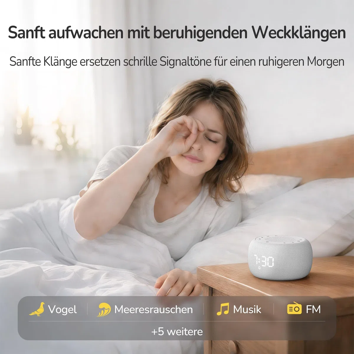 BUFFBEE Radiowecker mit wiederaufladbarem Akku & Bluetooth-Lautsprecher | 9 sanfte Wecktöne, dimmbares Nachtlicht & Display, Schlummerfunktion, tragbares Design für Zuhause, Büro & Reisen