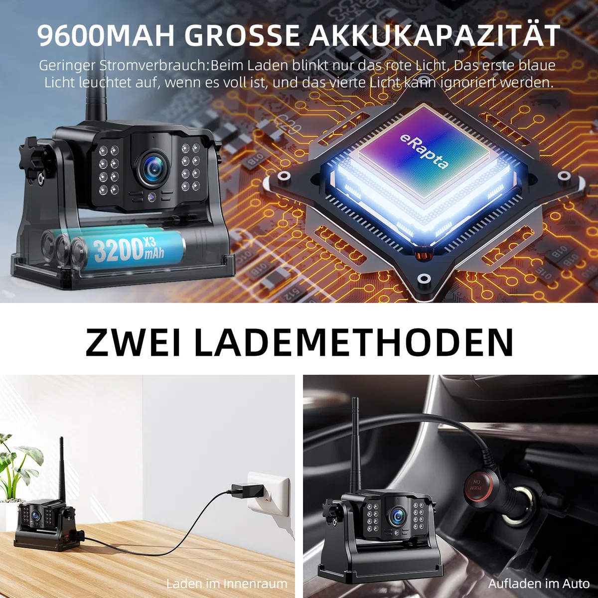 eRapta 5" LCD Kabellos Digital Rückfahrkamera Set, 1080P Monitor, 9600mAh Akku, IP69K Wasserdicht für Auto LKW Van SUV Wohnmobil