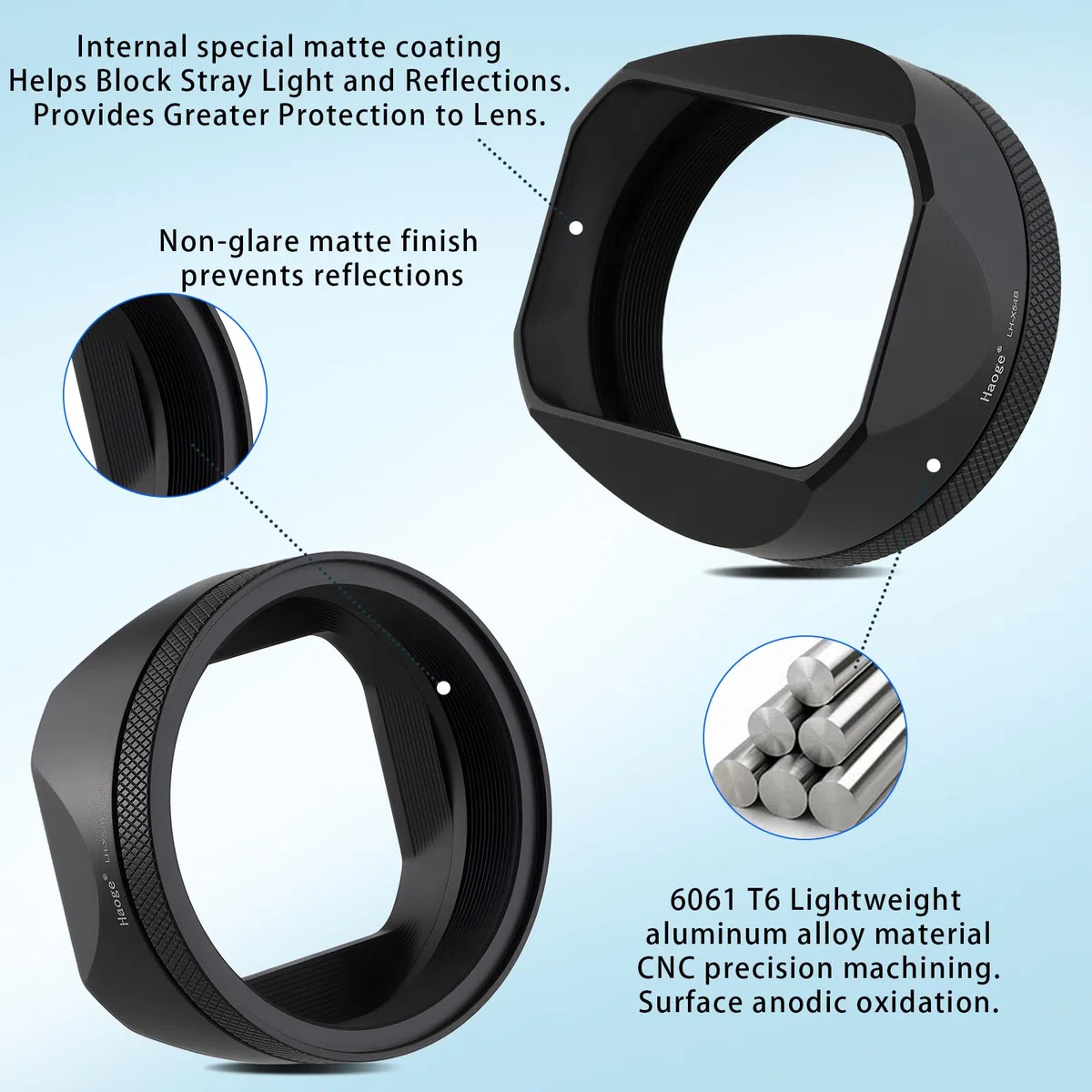 Haoge LH-X54B Metall Rechteckig Sonnenblende Gegenlichtblende mit 49mm Adapterring für Fujifilm X100VI Fuji FinePix X100V Kamera Objektiv Schwarz