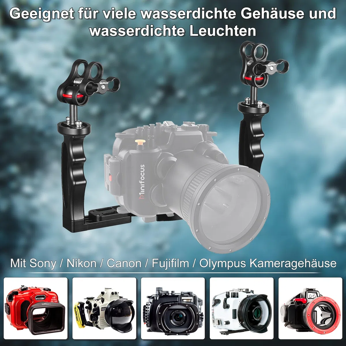 Unterwasser-Kamera Handle Tray Bracket, Dual Handle ausziehbare Aluminiumlegierung Video-Stabilisator-Halter mit 2 1-Zoll-Kugelklemme Mount für Unterwasser-Kamera tauchen Gehäuse