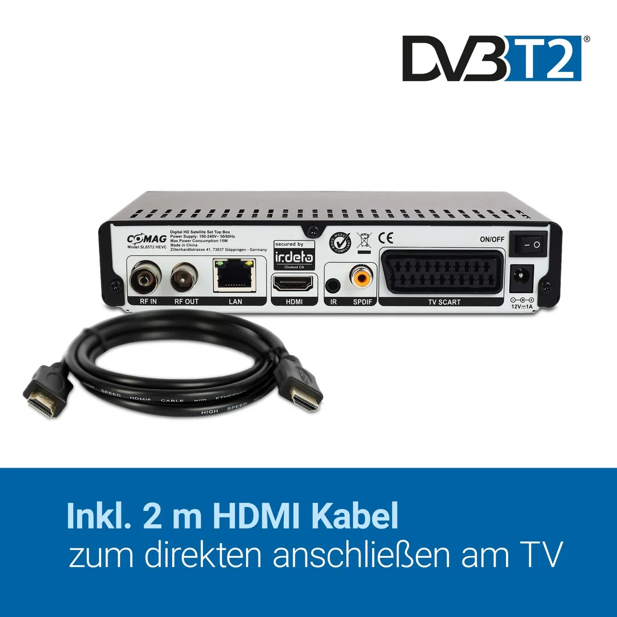 Sky Vision COMAG SL65T2 DVB-T2 Receiver, Freenet TV (Private Sender in HD), PVR Ready, Full-HD 1080p, HDMI, SCART, Mediaplayer, USB 2.0, 12V tauglich, 2m HDMI Kabel und DVB-T2 Antenne