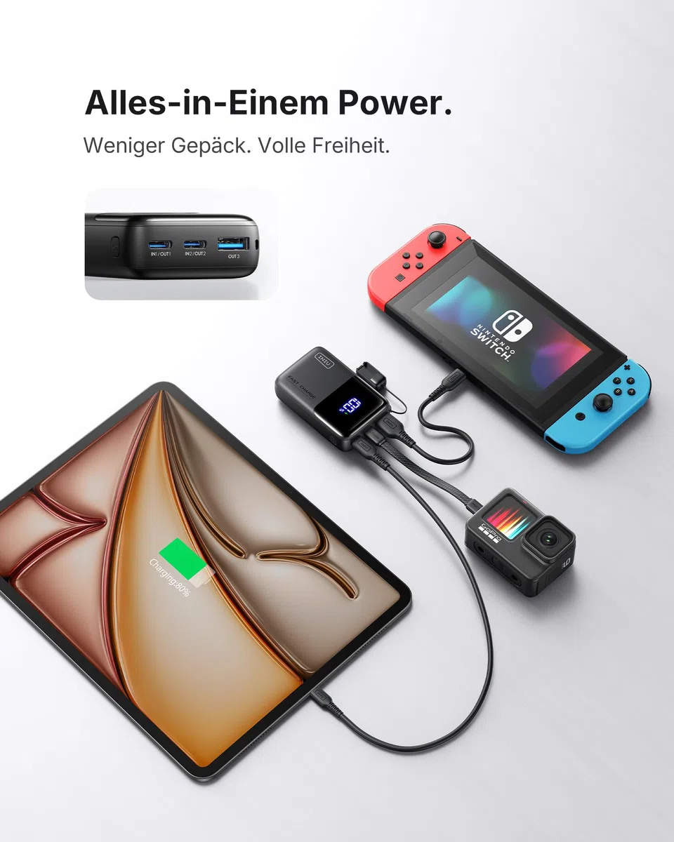 INIU Power Bank, Ultra Mini 45W Schnellladen 10000mAh Powerbank mit Angebrachtem USB C Kabel, Flugtauglich Externe Handyakkus, Reise-Essential für iPhone 17 16 Pro, Samsung S25, Xiaomi, iPad etc