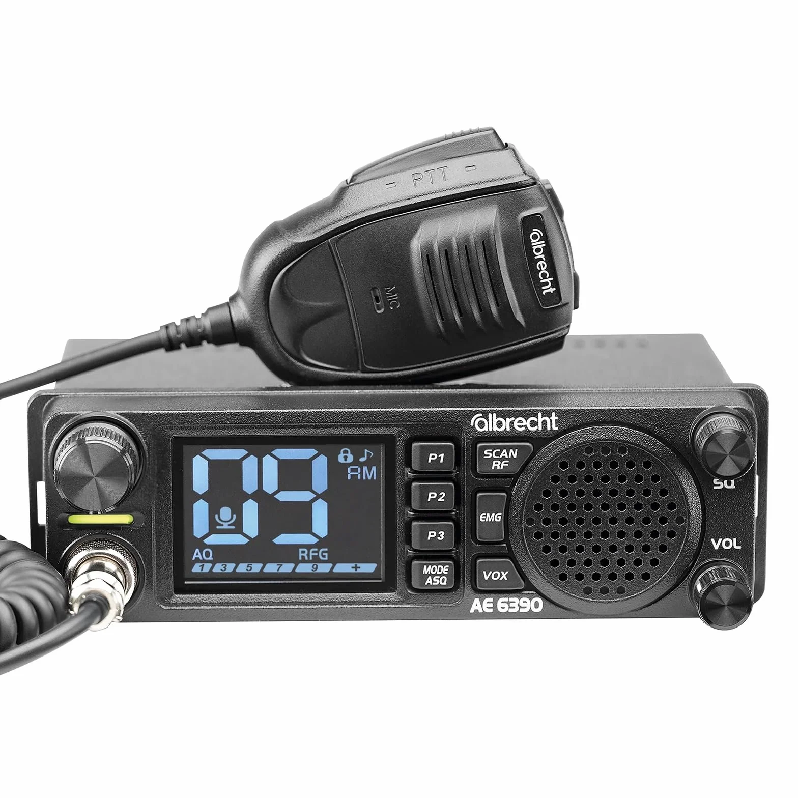 Albrecht AE 6390 CB-Funkgerät – 2,4" Display, VOX Freisprechfunktion, DIN-Einbau, 40 AM/FM Kanäle, 2W Frontlautsprecher, Kanalsuchlauf, RF Gain, inkl. Mikrofon & Zubehör, schwarz, 12639