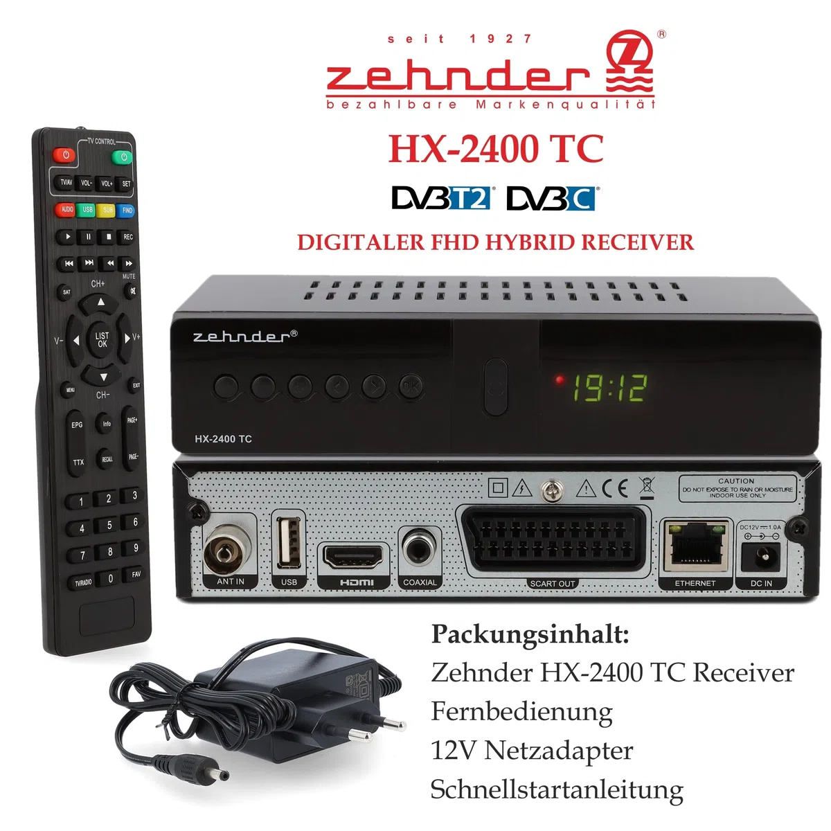 ZEHNDER HX 2400 TC Hybrid Receiver - DVB-C und DVB-T2 geeignet, Receiver für TV, Aufnahme und Timeshift Funktion über USB, 4-Stelliges LED Display, Lernbare Fernbedienung, 12V Netzteil, Full HD 1080p