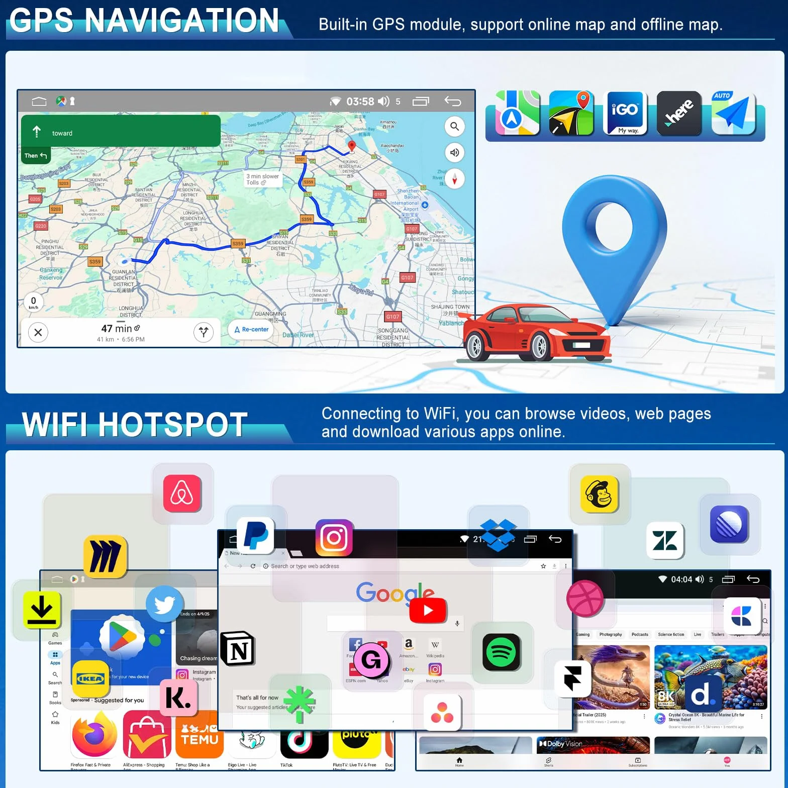 4+64G Android 14 Autoradio für Ford Ka 2008-2014 mit Carplay Android Auto | 10 Zoll Touchscreen Auto Stereo Display Player Radio GPS Navigation Head Unit mit SWC FM RDS MirrorLink Splitscreen Bluetooth