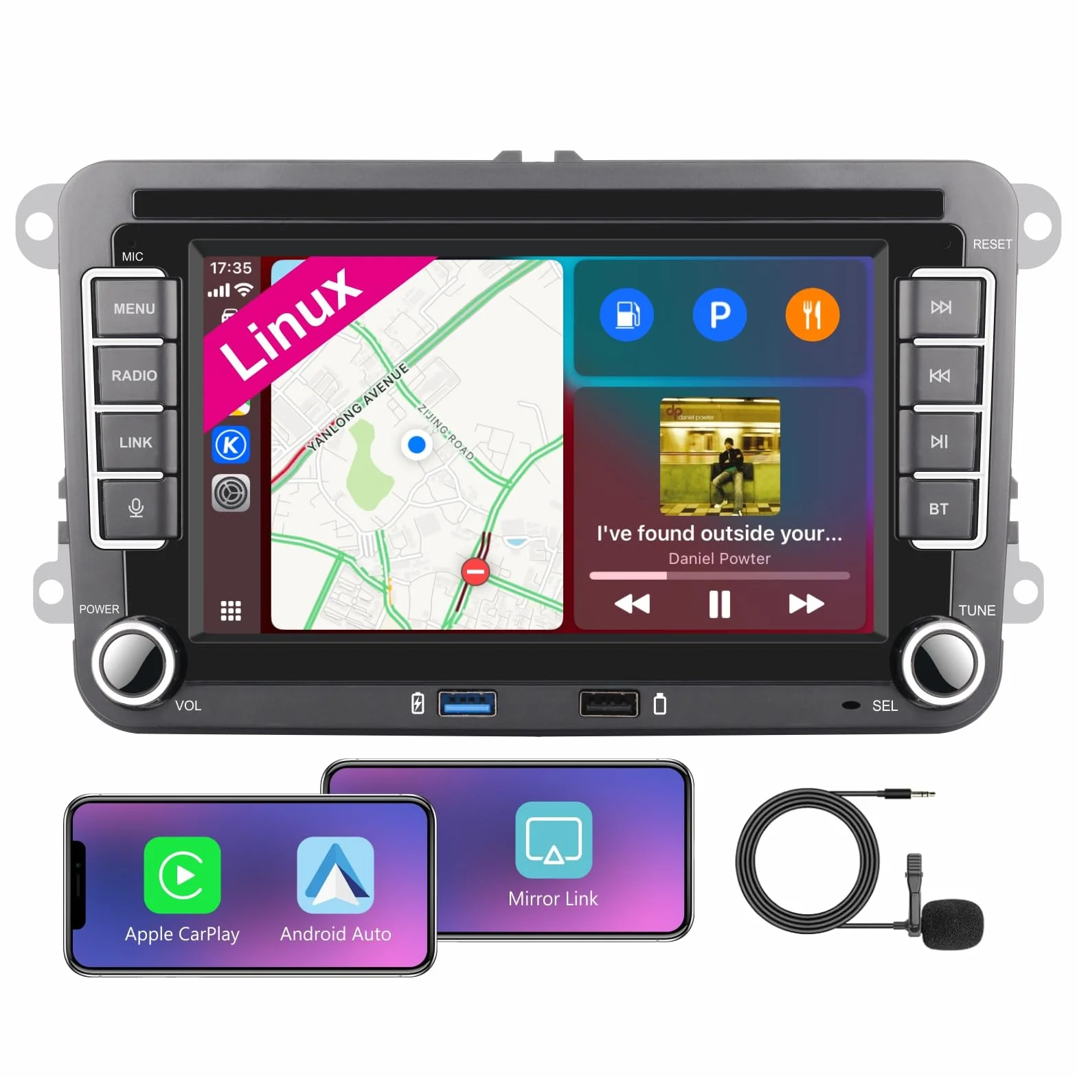 Linux Autoradio Mit Bildschirm für Golf 5 6 VW Polo 6R T5 Passat Touran Seat, 7 Zoll Wireless Carplay & Android Auto, MirrorLink, Navigation, Lenkrad Strg, DAB, SWC, Bluetooh/WLAN/FM/AM/USB/DSP/RDS