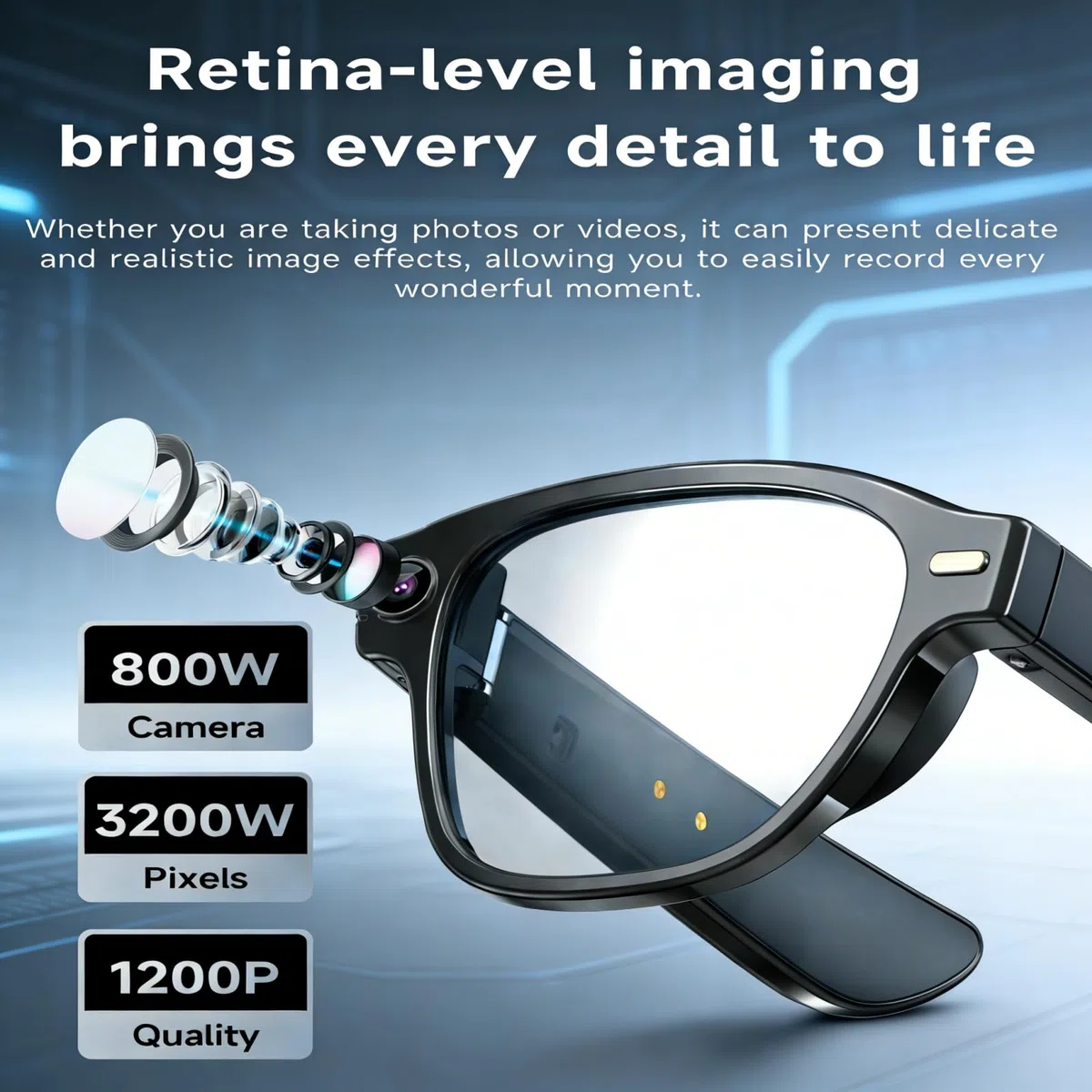 AI Brillen mit HD 8MP Kamera, Smart Glasses mit 270mAh, 1200P Videoaufnahme, Bluetooth 5.4, Echtzeit-KI-Übersetzung & Objekterkennung, Blau licht, Zwei Mikrofone für Anrufe, Aufnahmen