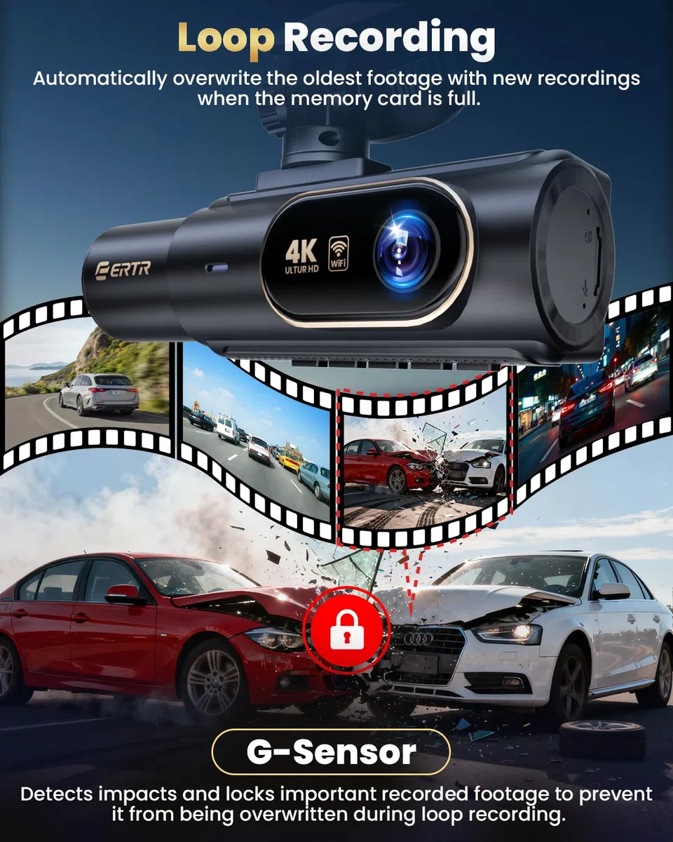 3-Kanal 4K dashcam Auto und Rückfahrkamera, kabellose 4K-Dashcam für Autos, 4K+1080P+1080P Auflösung, integriertes Wi-Fi & App, G-Sensor, Nachtsicht, inkl. 64GB SD-Karte