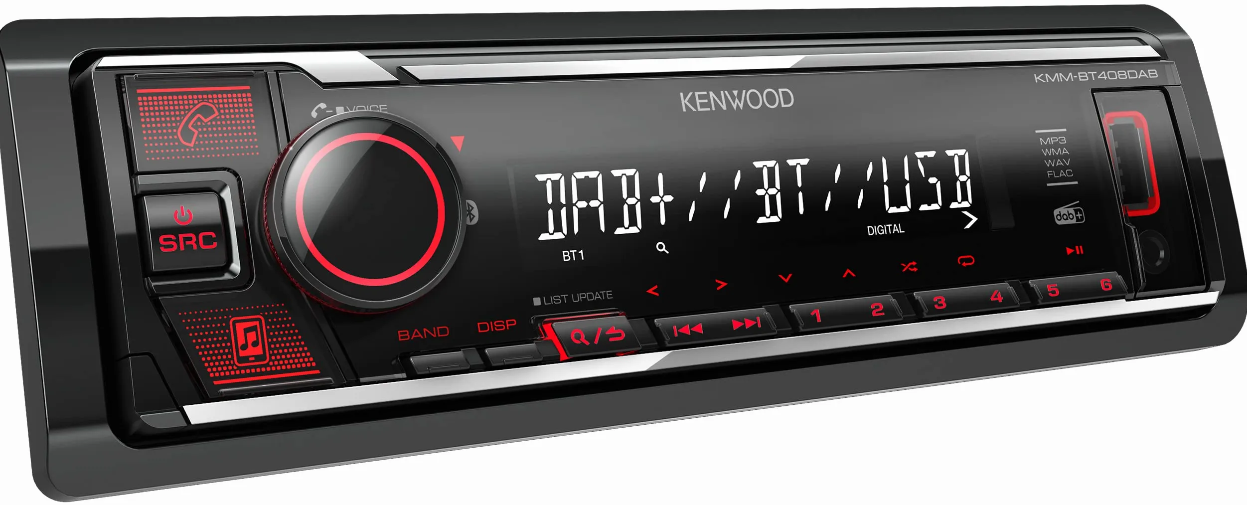 Kenwood KMM-BT408DAB - USB-Autoradio mit DAB+ & Bluetooth Freisprecheinrichtung (Soundprozessor, USB, AUX, 1 x Pre-Out 2.5 V, 4 x 50 Watt, Tastenbeleuchtung rot, inkl. DAB+ Antenne)