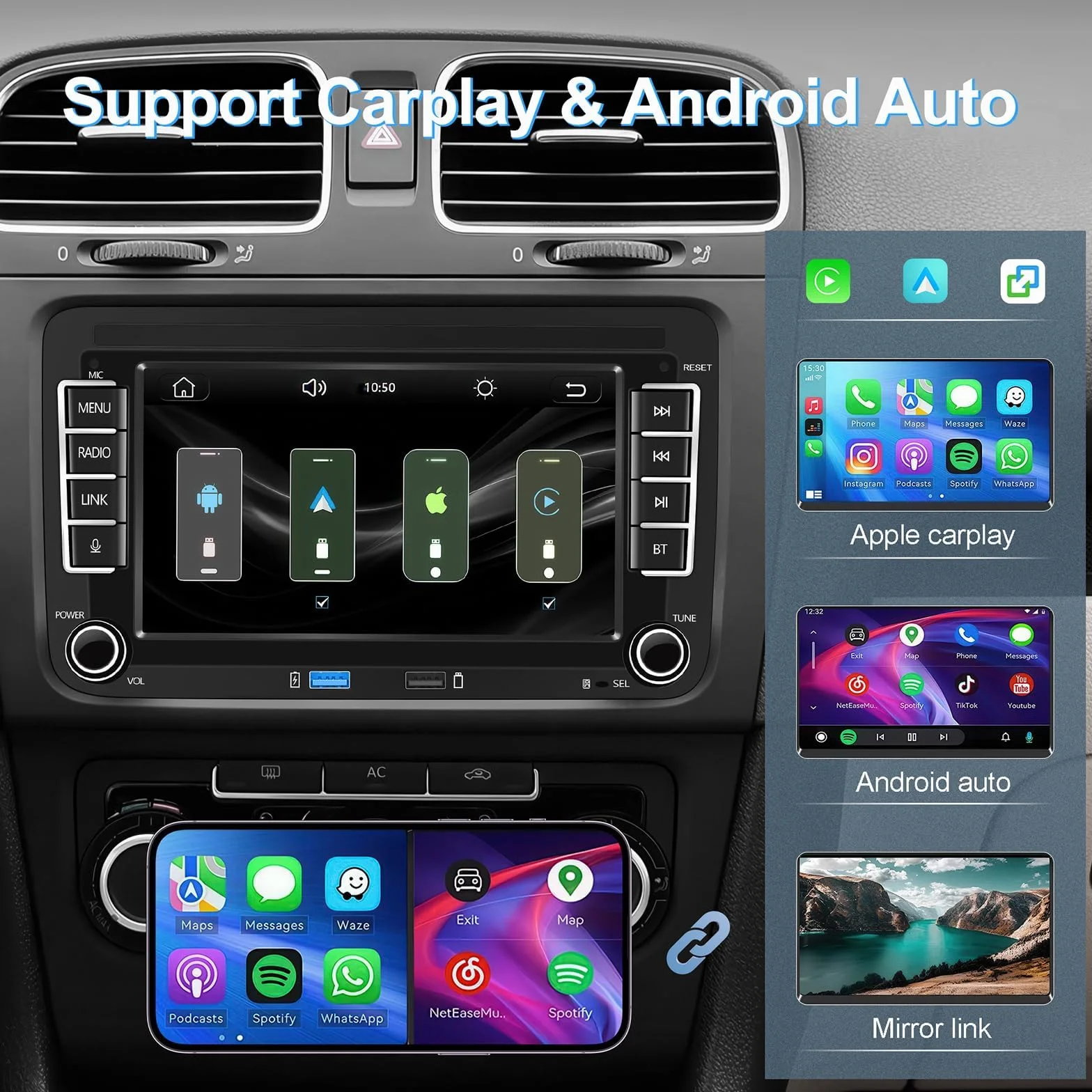 Autoradio für VW Golf 5/6/Jetta/Polo/Passat/T5/EOS-(Start in 3–5 Sekunden) | 7“ Display mit integriertem Apple CarPlay & Android Auto, FM/AM/DSP/Bluetooth / Mikrofon, Lenkradsteuerung – Plug-and-Play