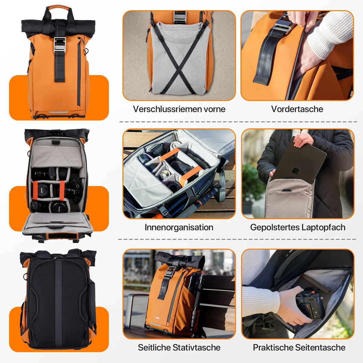 Rollei Fotoliner Ocean Rolltop Kamerarucksack Wasserdicht Fotorucksack Groß Kamera Rucksack mit Laptopfach Stativhalter für DSLR SLR Kameras