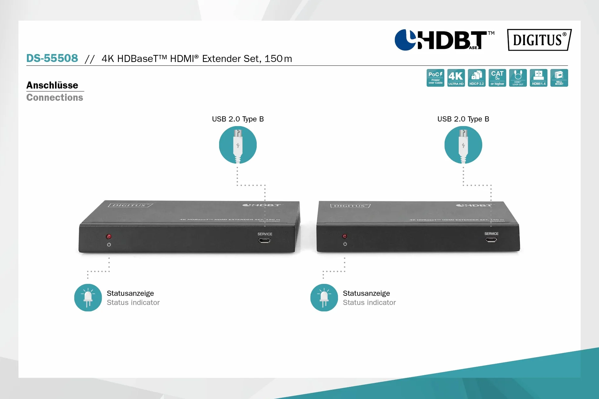 DIGITUS 4K HDBaseT HDMI Extender Set 150 m | HDBaseT 100 m Reichweite – Set Sender & Empfänger – Loop-Out, IR Infrarot, Audio, RS232 – HDCP 2.2, HDBaseT 1.0