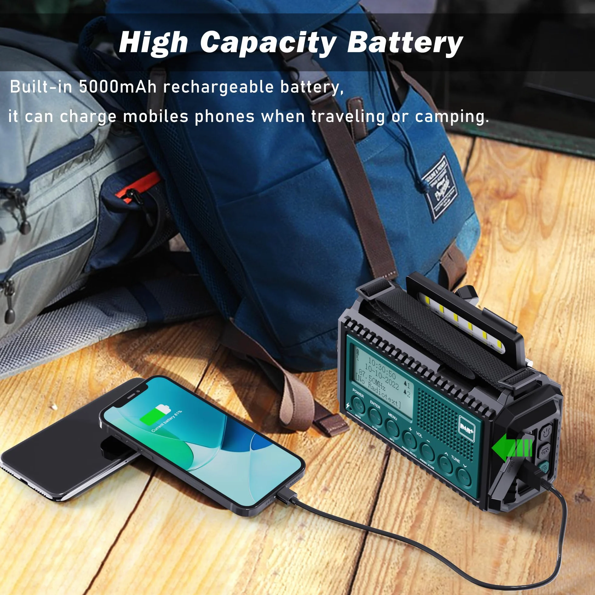 Kurbelradio DAB+/DAB/UKW mit 5000mAh Akku Wiederaufladbare, Notfallradio mit Taschenlampe & Leselicht, Tragbare Camping Radio mit USB Handyladefunktion FM Dynamo, SOS-Alarm für Wandern, Outdoor