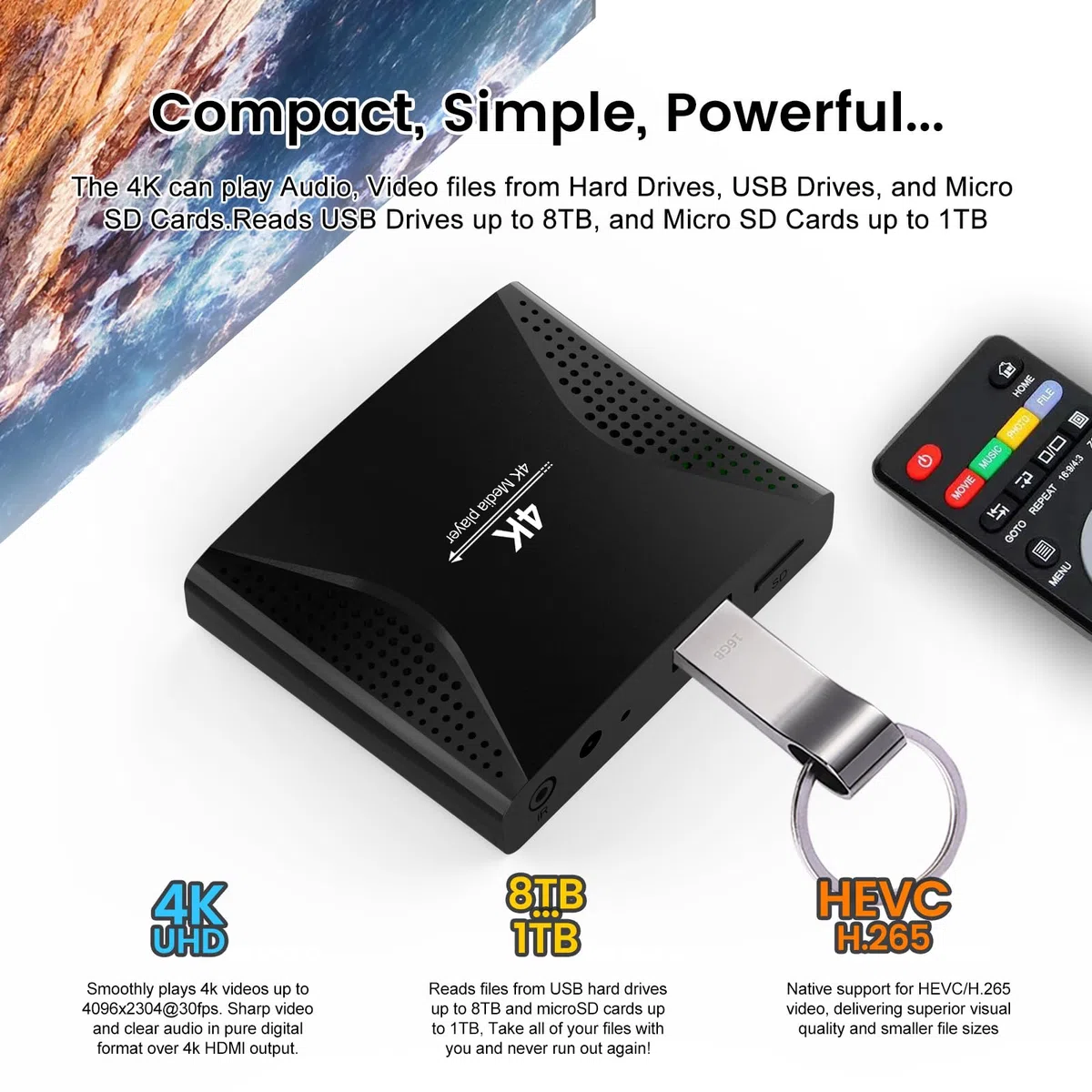 4K Ultra HD Media Player für USB-Stick & MicroSD-Karte, HDMI/AV Digital Signage Player mit Auto-Wiedergabe, Speicherfunktion & Endlosschleife, H.265 Media Box für Videos, Musik & Fotos