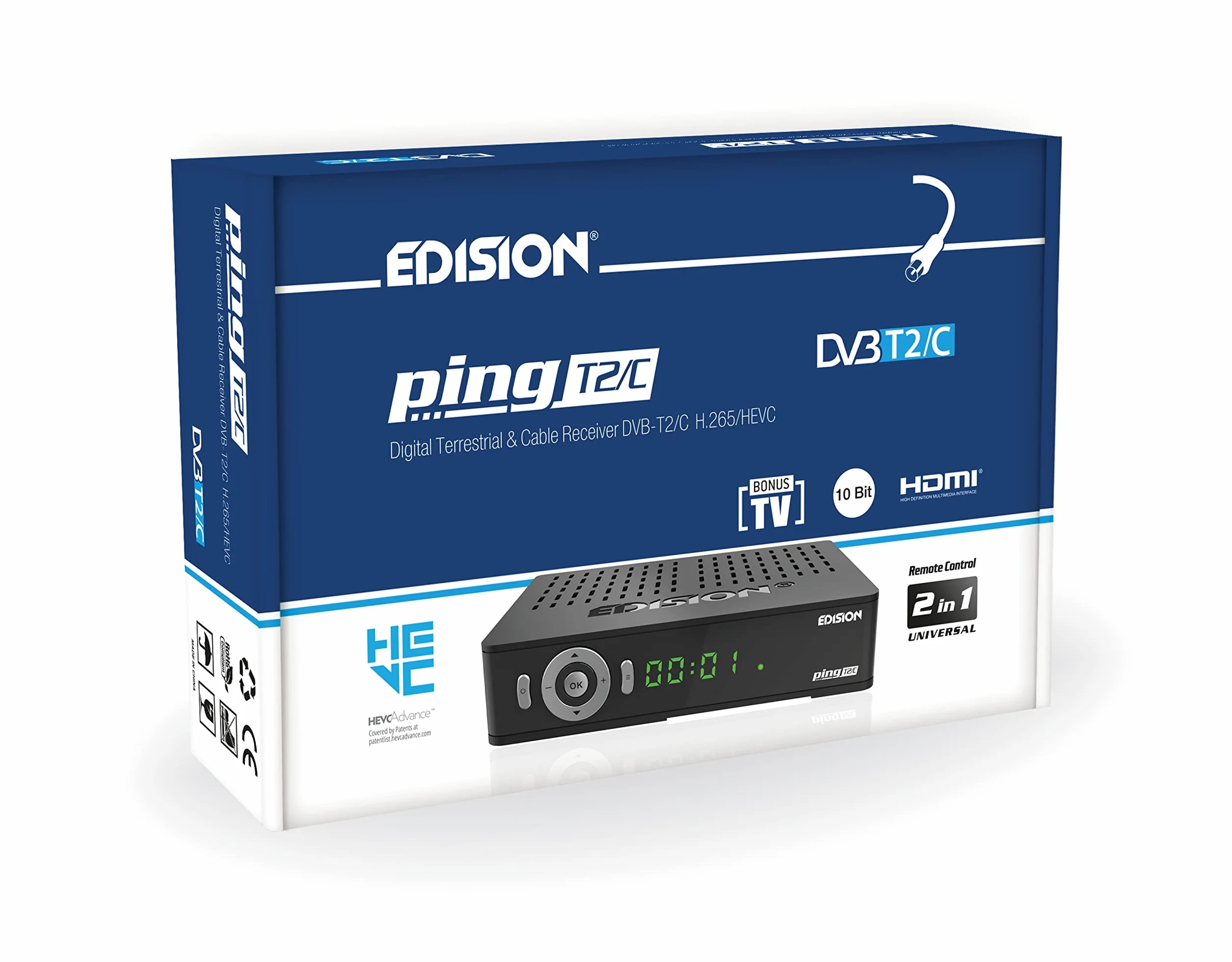 Edision PING T2 C Terrestrischer & Kabel Receiver DVB-T2 C H.265 HEVC Kartenleser Full HD PVR, 2xUSB, HDMI, SCART, LAN, S PDIF, IR-Auge, R2232, USB WiFi Support, Universal 2in1 Fernbedieung Schwarz