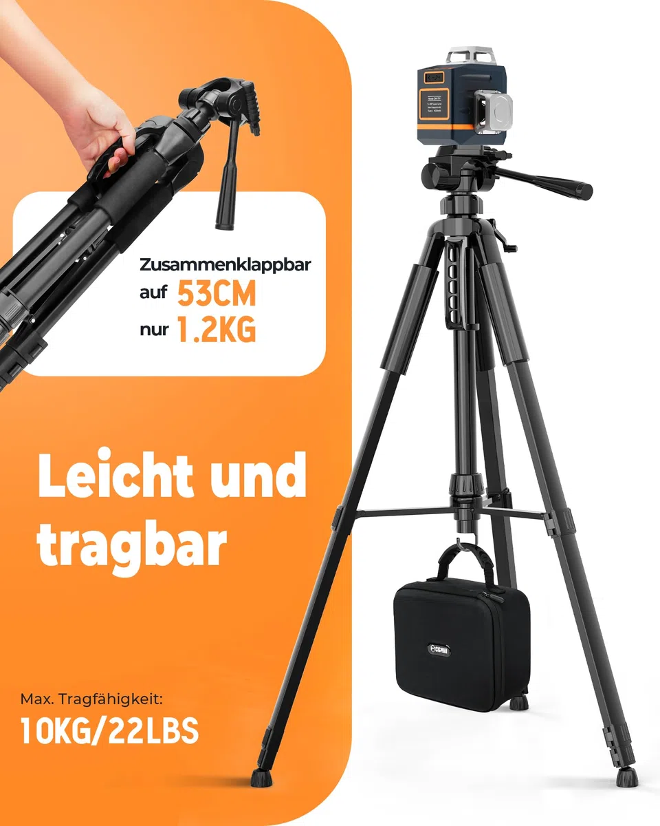 CIGMAN Stativ Laser 1,5m Aluminium Verstellstativ mit 3-Wege-Schwenkkopf und Blasenebene, 1/4-20 und 5/8-11 Gewindeadapter CTP01