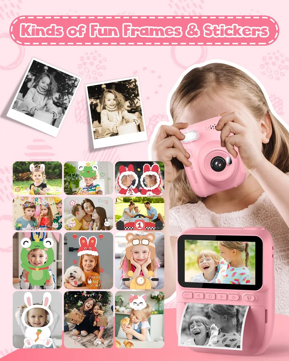Kinderkamera Sofortbildkamera 3,0 Zoll 1080P Digitalkamera mit Druckerpapier & 32GB Karte für 3-10 Jahre Rosa
